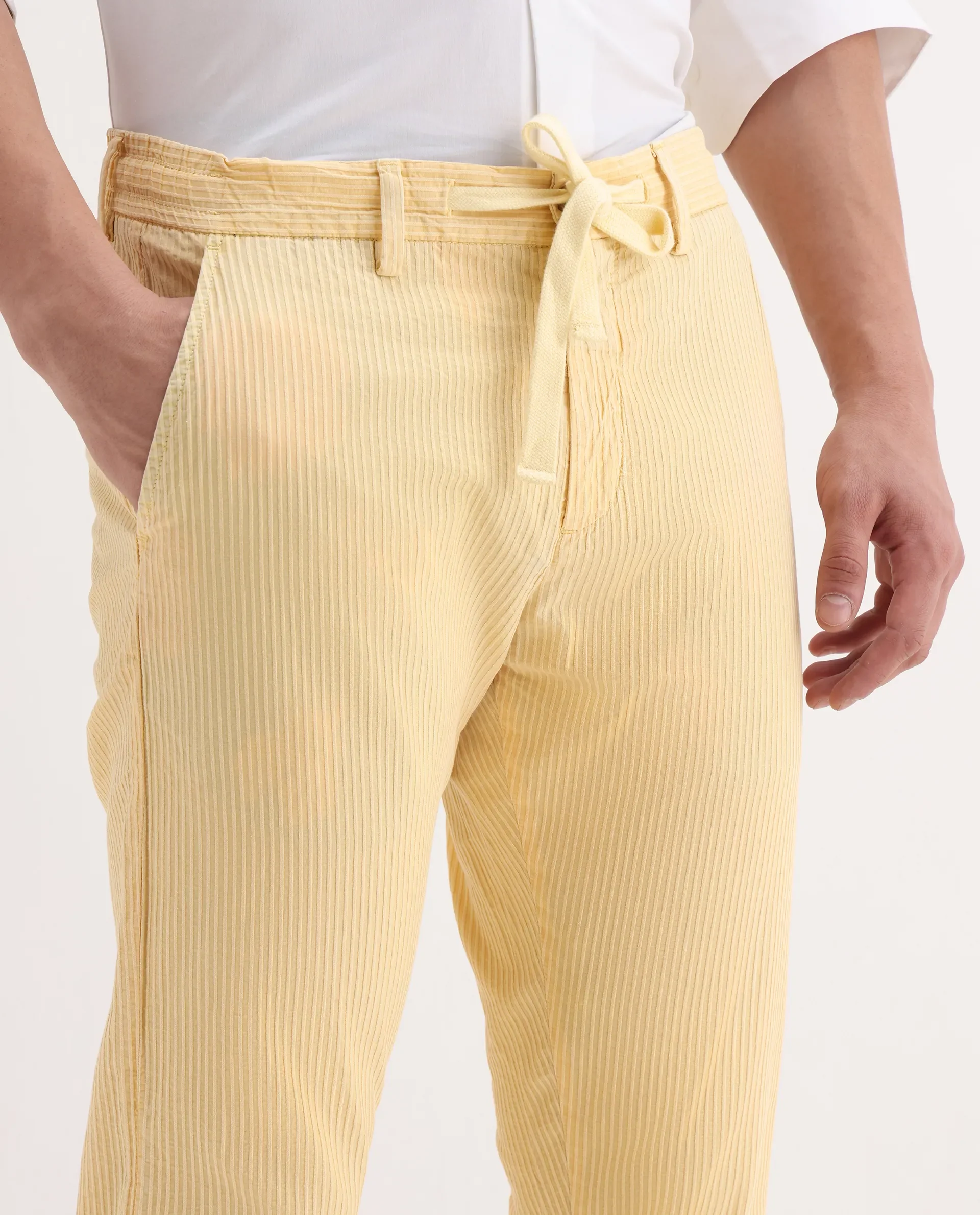 Rare Rabbit Men's Monter Mustard Cotton Striped Print Regular Fit Trouser - Image 3