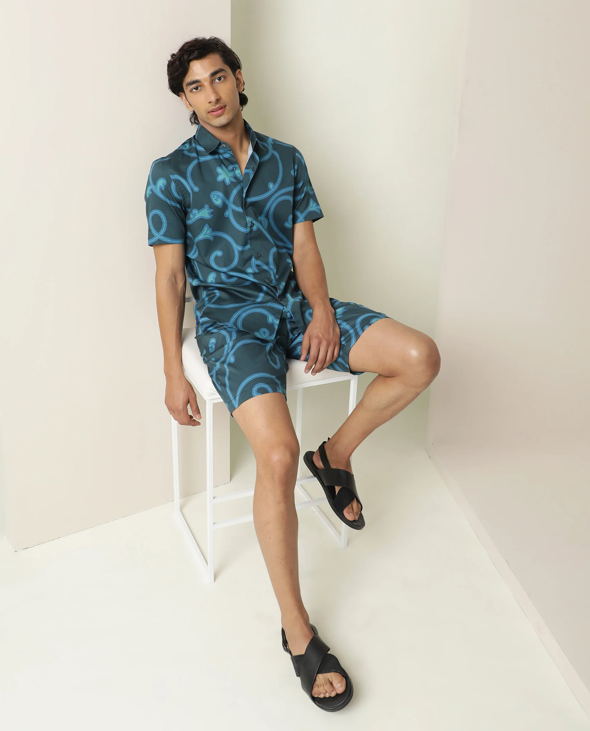 Rare Rabbit Men's Montil Petrol Cotton Abstract Print Regular Fit Half Sleeve Collared Shirt - Image 6