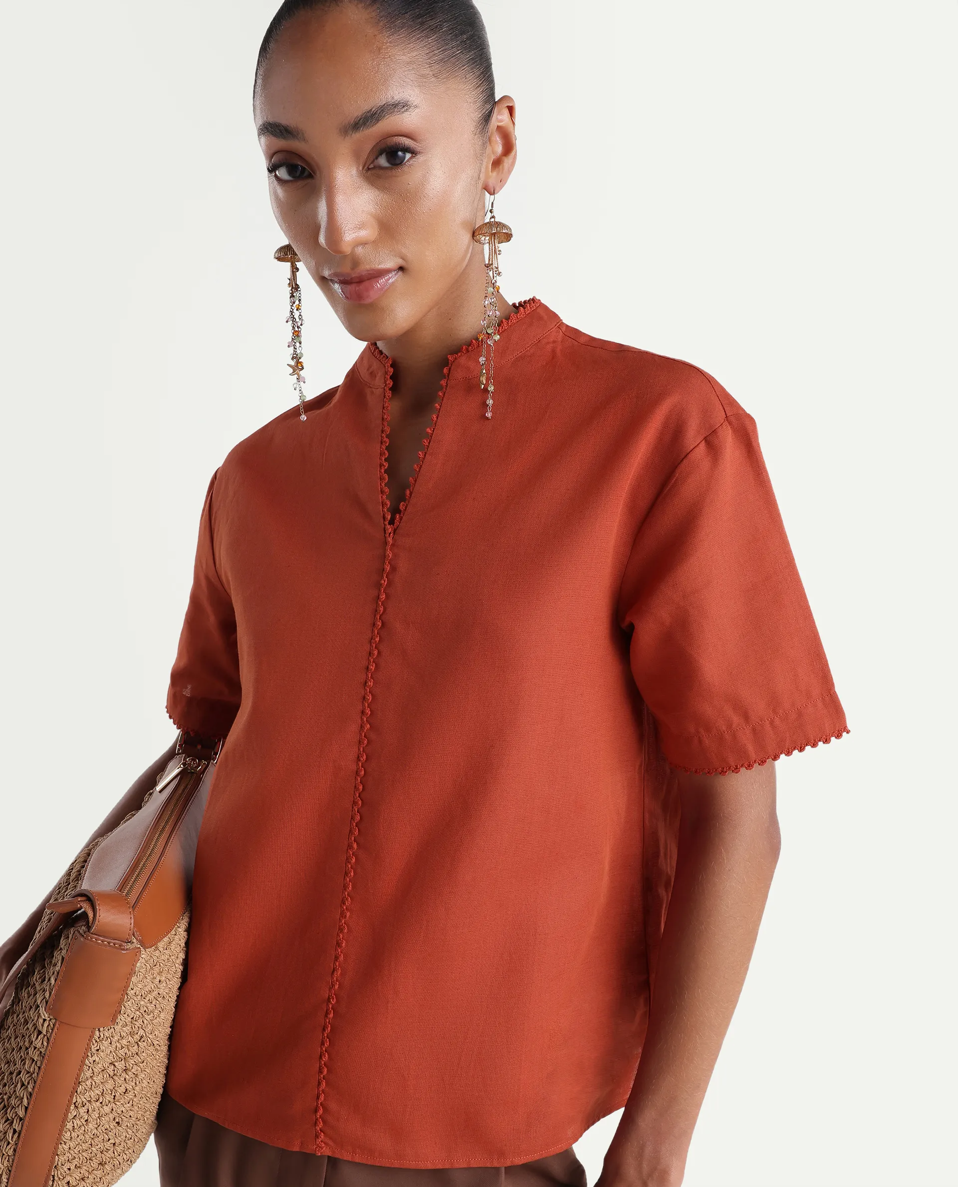 Rareism Women's Mony Rust Cotton Blend Half Sleeve Mandarin Collar Regular Top