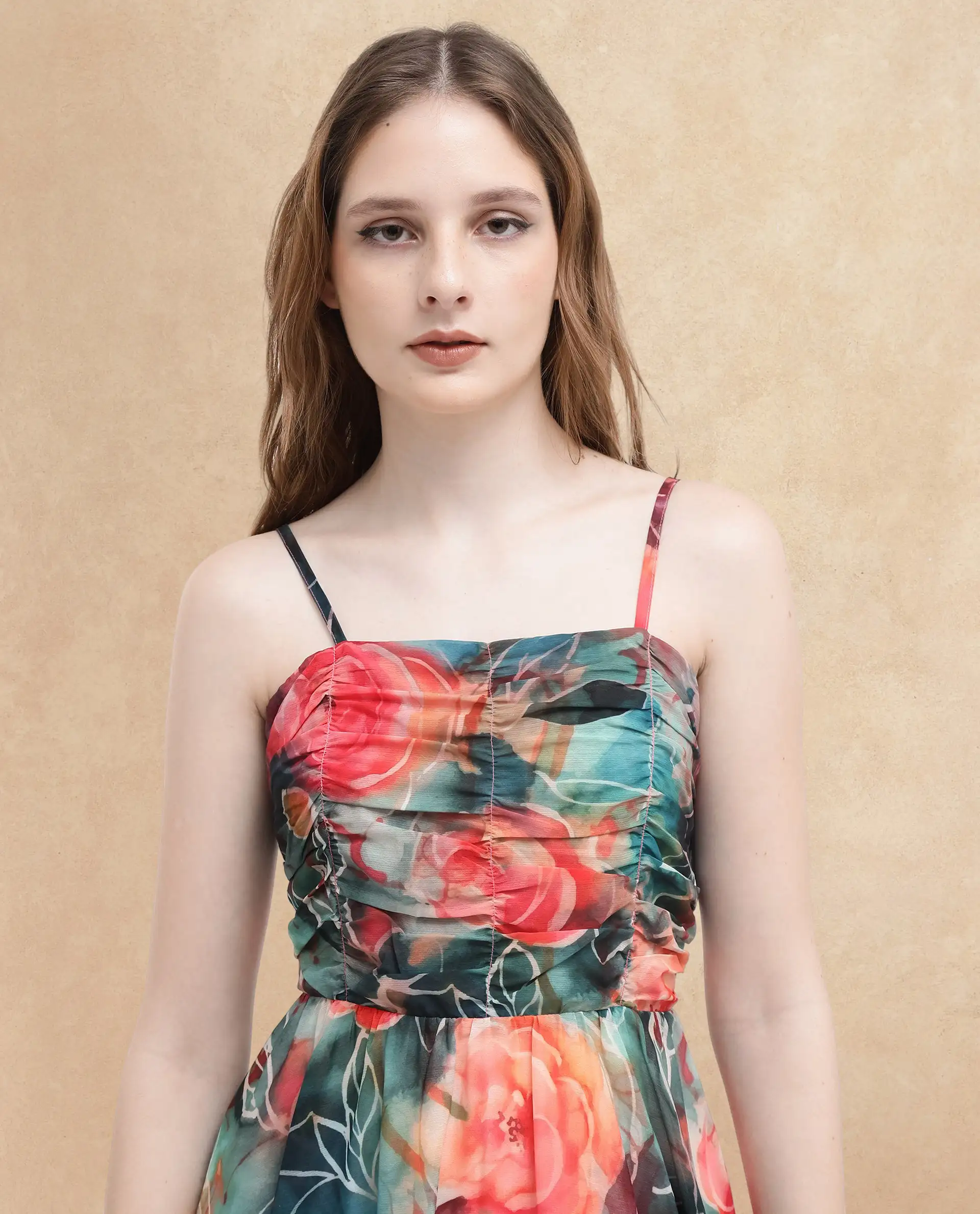 Rareism Women's Monza Sc Dark Multi Cotton Shoulder Strap Floral Print Shoulder Strap Midi Fit And Flare Dress - Image 4