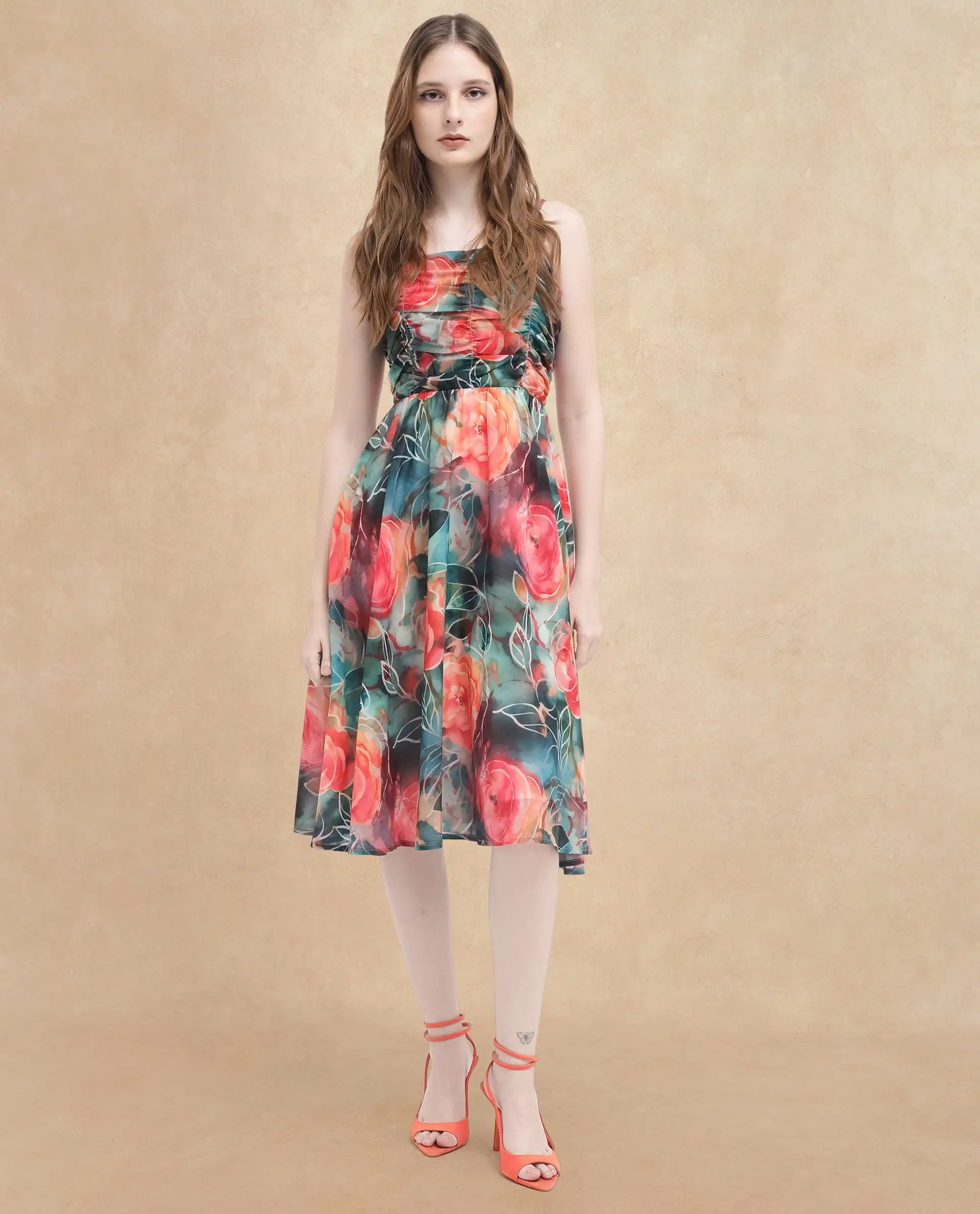 Rareism Women's Monza Dark Multi Polyester Shoulder Strap Floral Print Shoulder Strap Midi Fit And Flare Dress