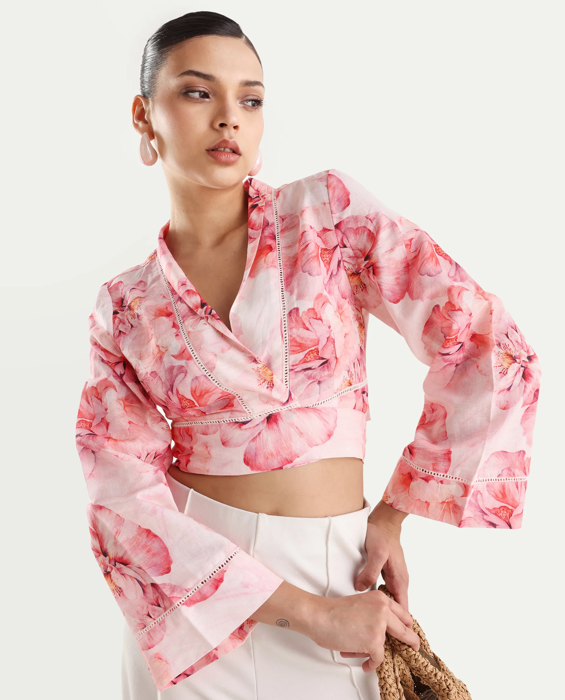 Rareism Women's Moral Pink Cotton Blend Shawl Collar Floral Print Bell Sleeve Crop Regular Fit Shrug