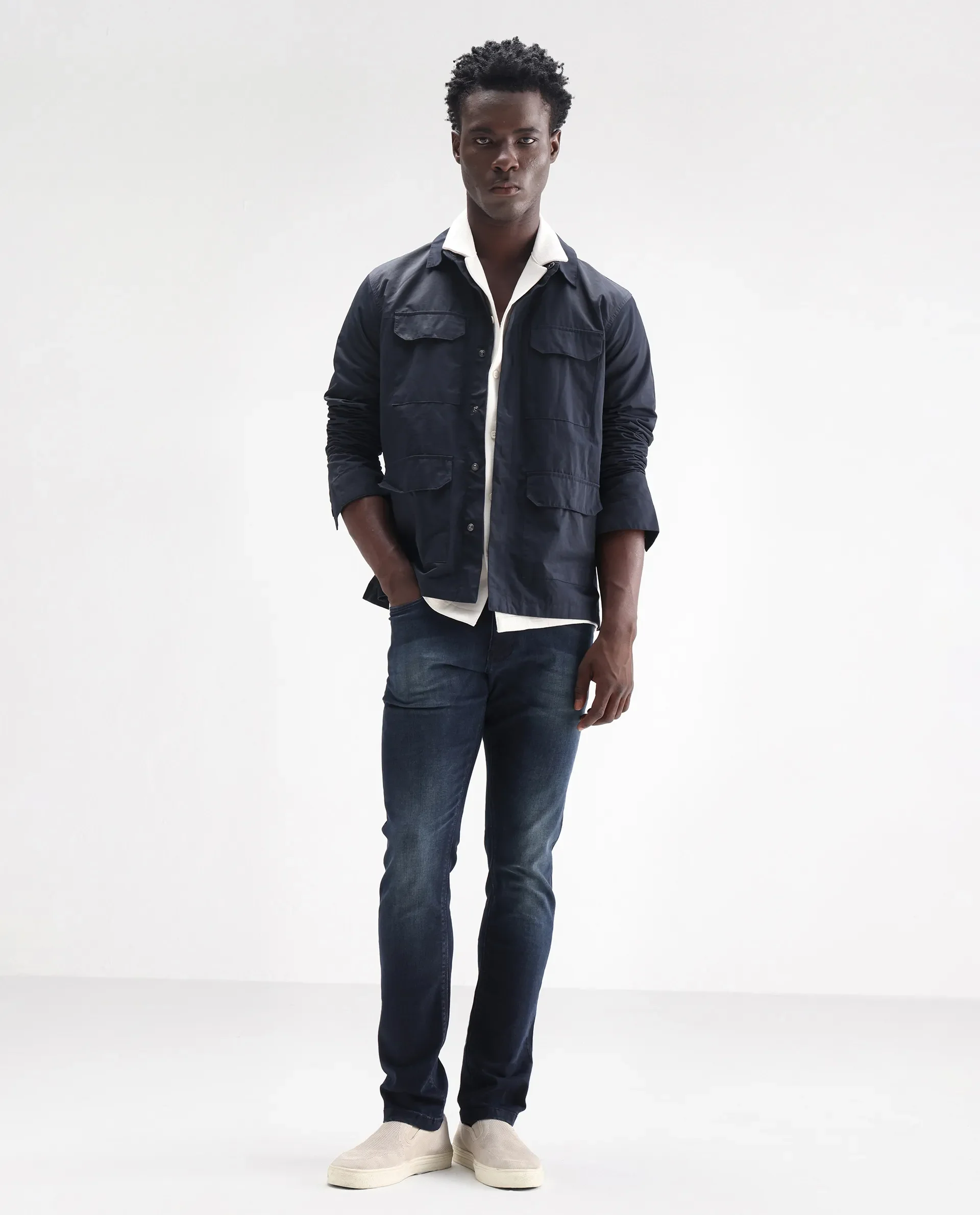Rare Rabbit Men's Morvan Dark Blue Cotton Plain Hawk Slim Fit Jeans