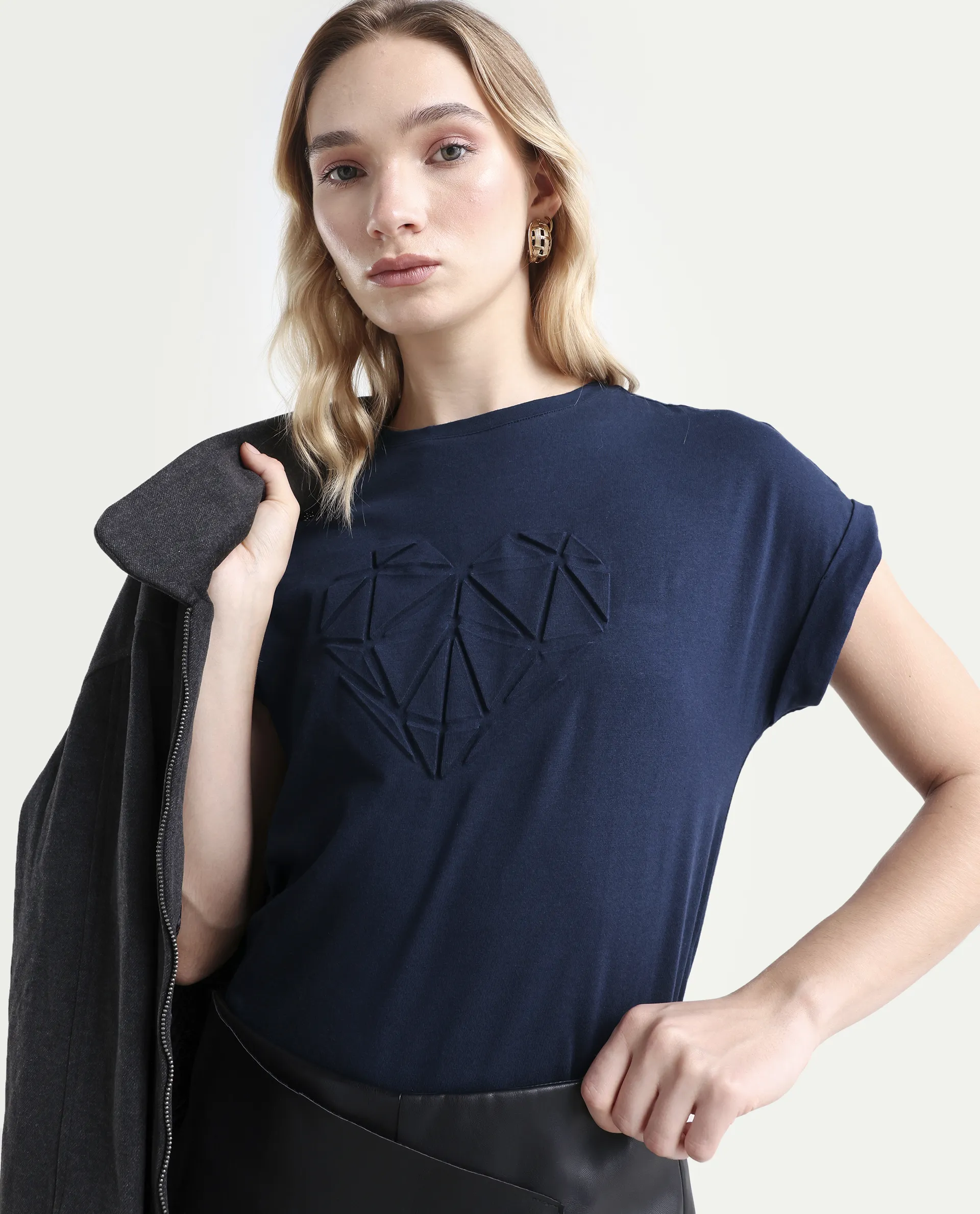 Rareism Women's Moxie Navy Cotton Blend Crew Neck Graphic Print Extended Sleeves Relaxed Fit T-Shirt