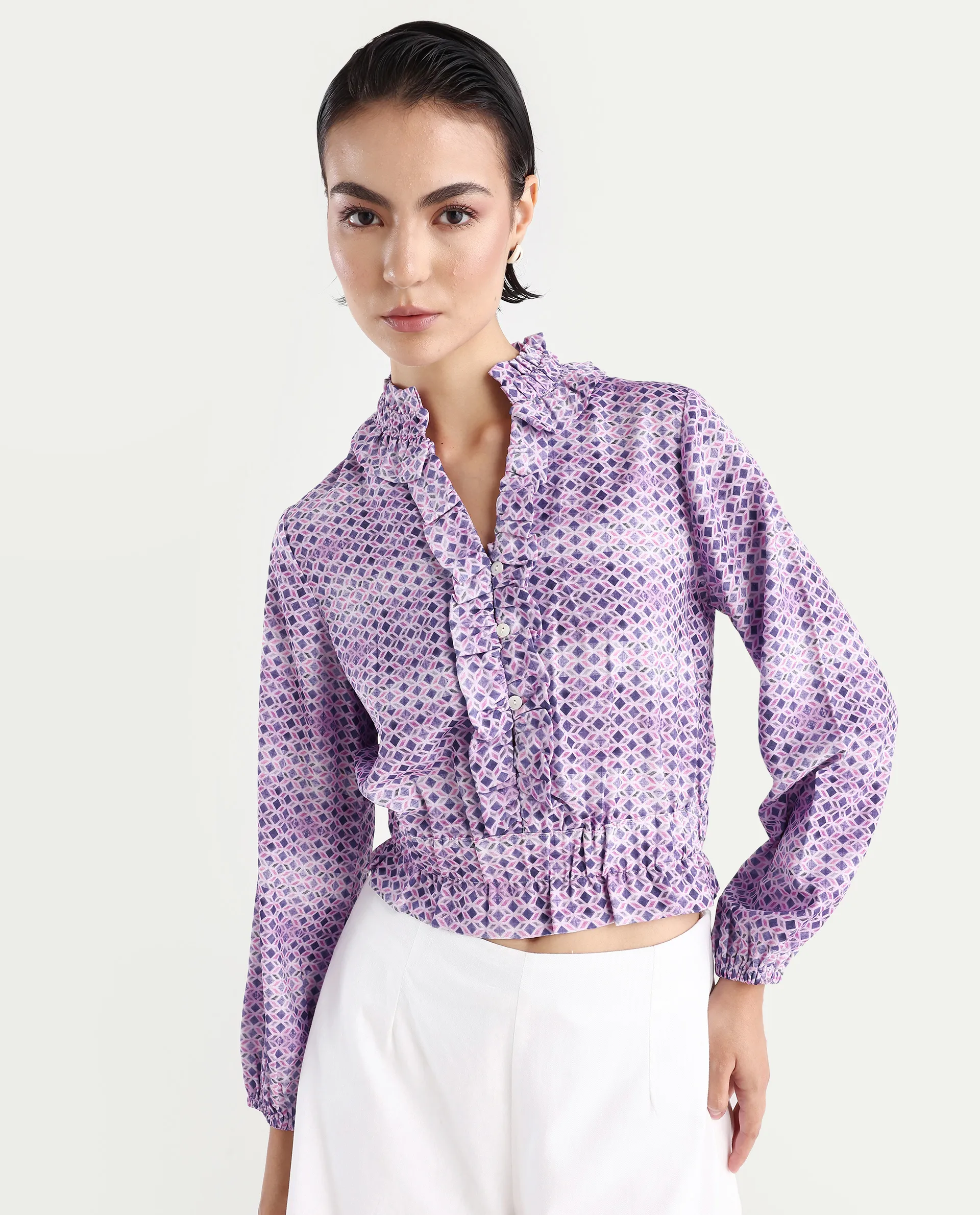 Rareism Women's Mugal Multi Polyester Blend V-Neck Geometric Print Balloon Sleeve Crop Regular Fit Top