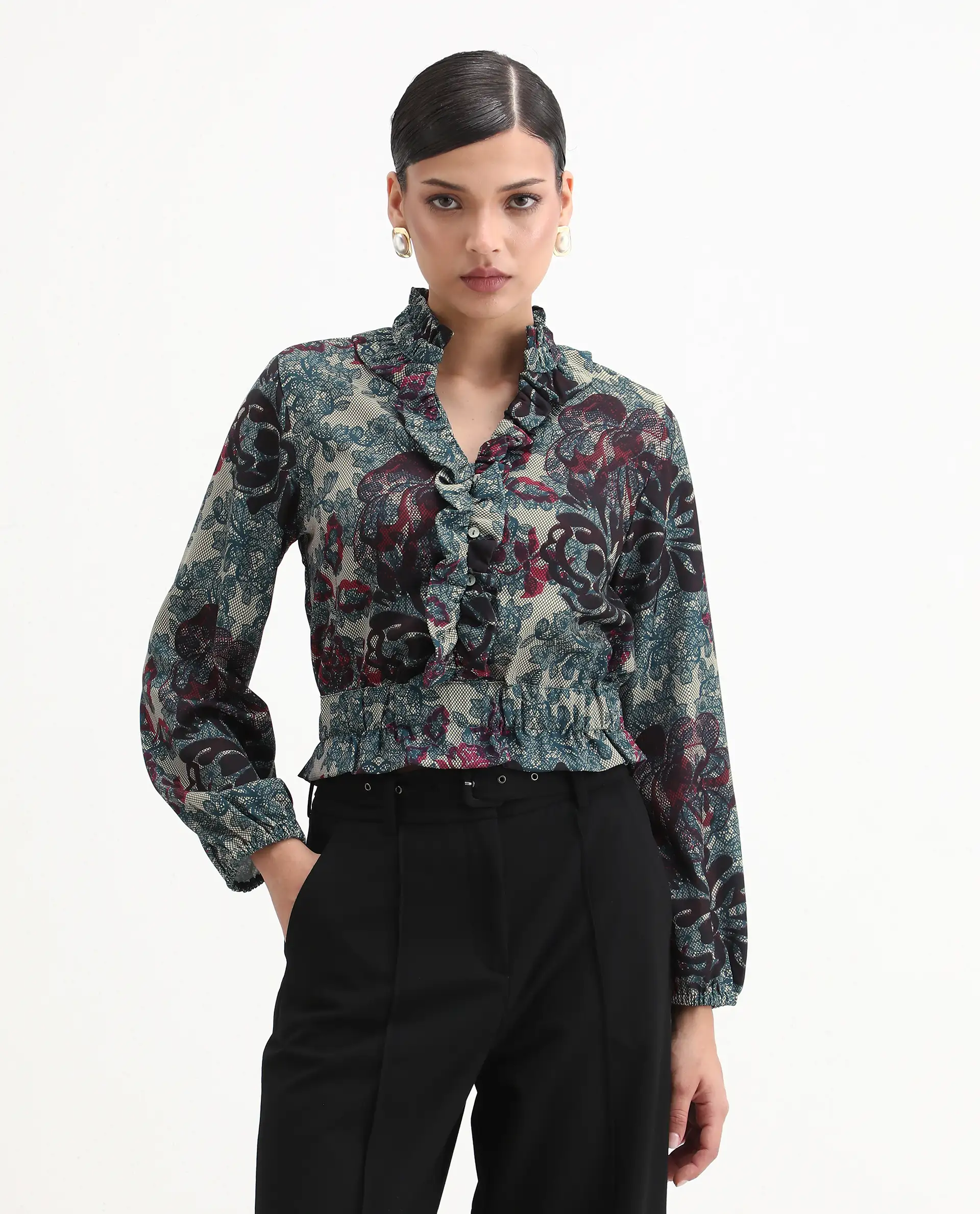 Rareism Women's Mugla Multi Polyester Blend V-Neck Floral Print Balloon Sleeve Crop Regular Fit Top
