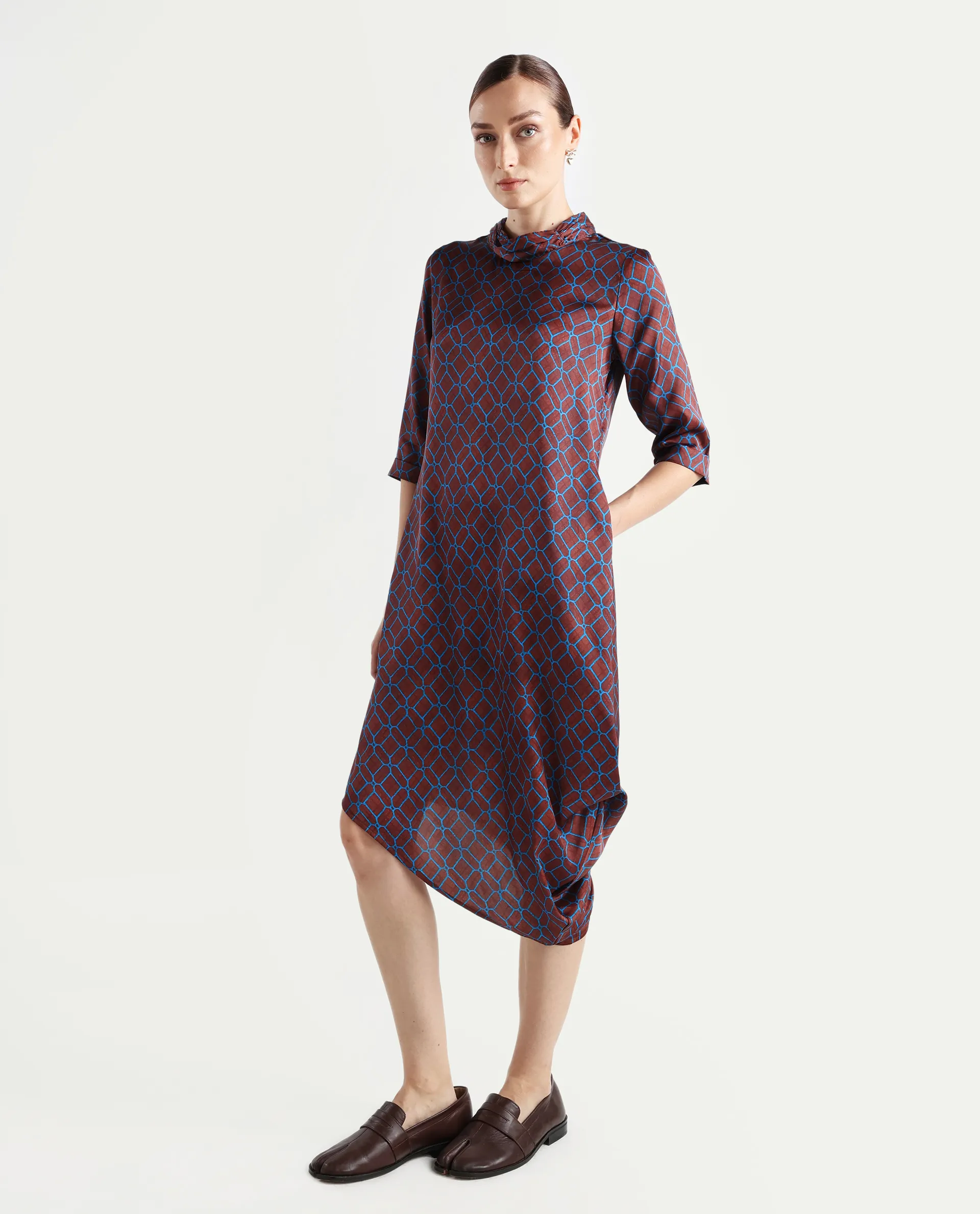 Rareism Women's Mullivio Brown Satin High Neck Geometric Print Midi Relaxed Fit Dress
