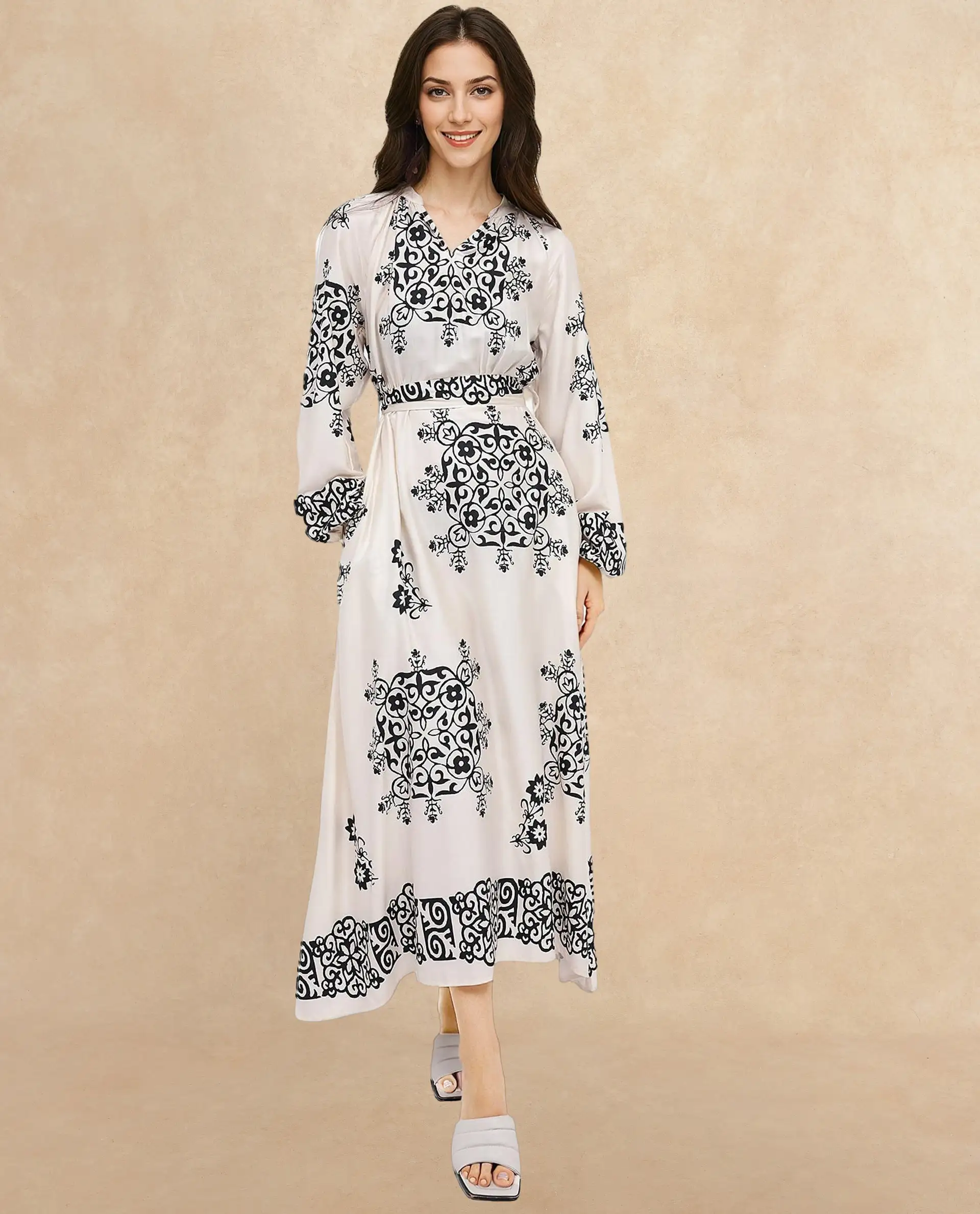 Rareism Women's Myra Off White Cotton Mandarin Collar Abstract Print Raglan Sleeve Maxi Fit And Flare Dress