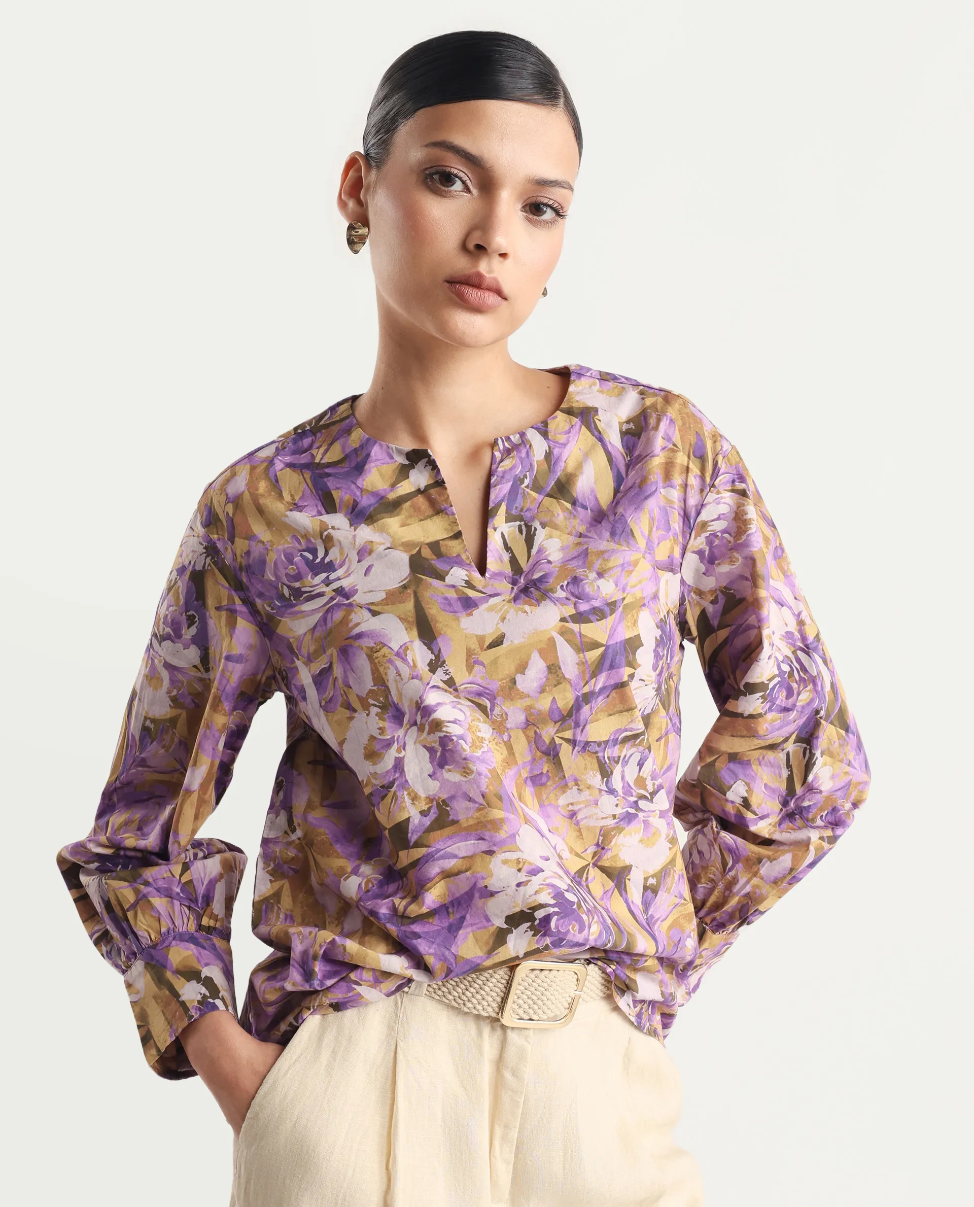 Rareism Women's Myrtong Multi Cotton Crew Neck Floral Print Cuffed Sleeve Regular Fit Top