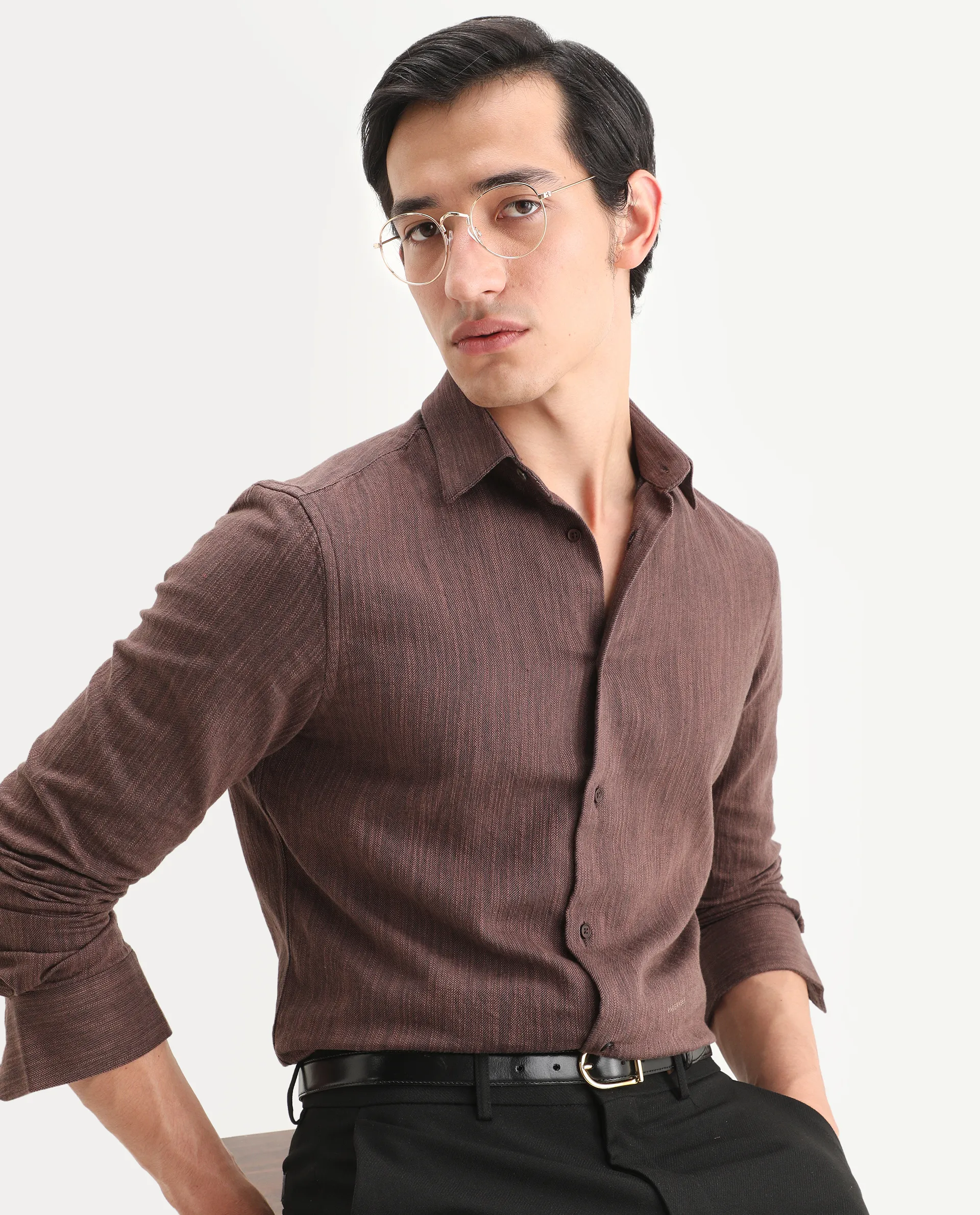 Rare Rabbit Men's Mysa Brown Cotton Fabric Spread Collar Regular Fit Textured Shirt