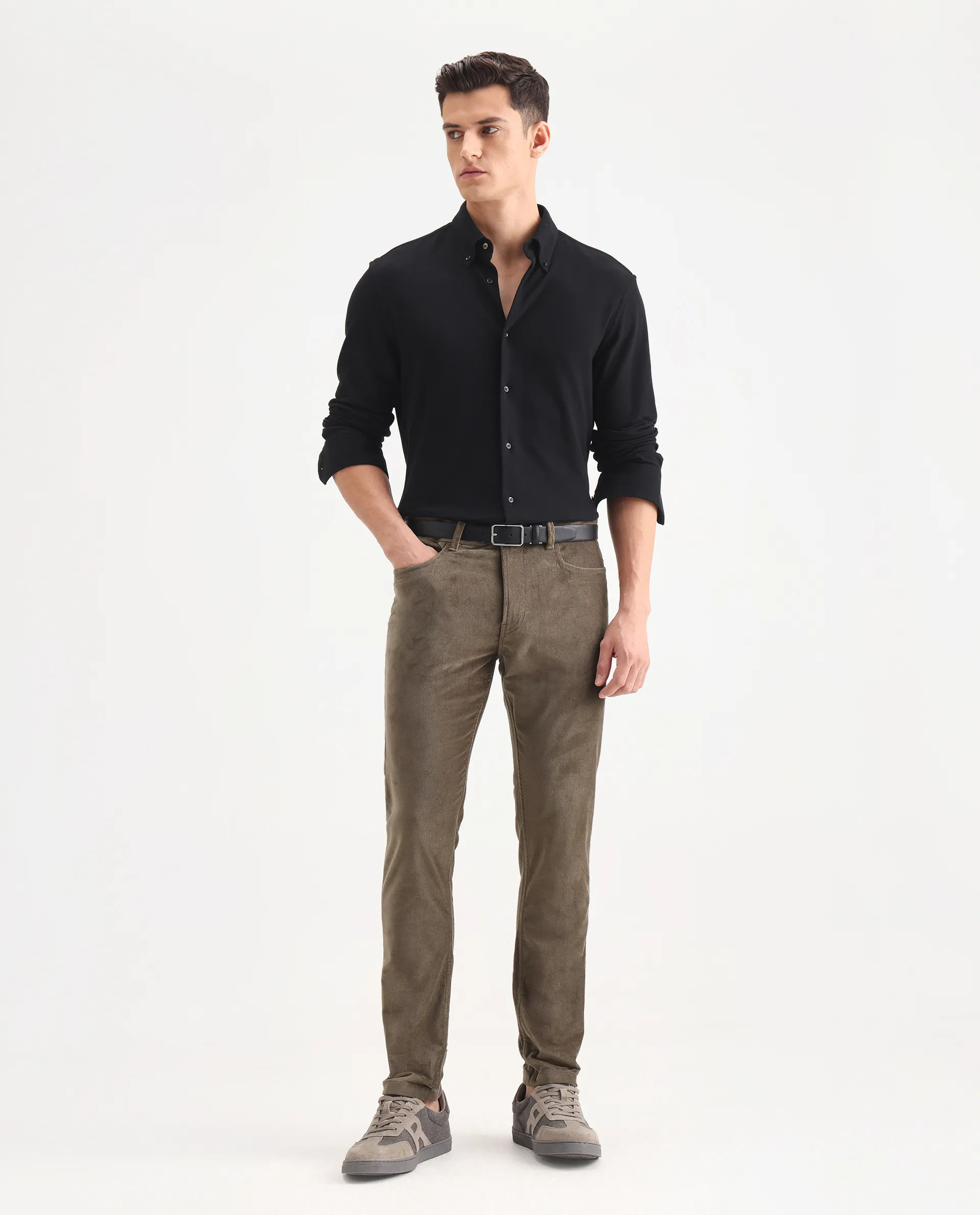 Rare Rabbit Men's Nahor Brown Cotton Plain Regular Fit Trouser