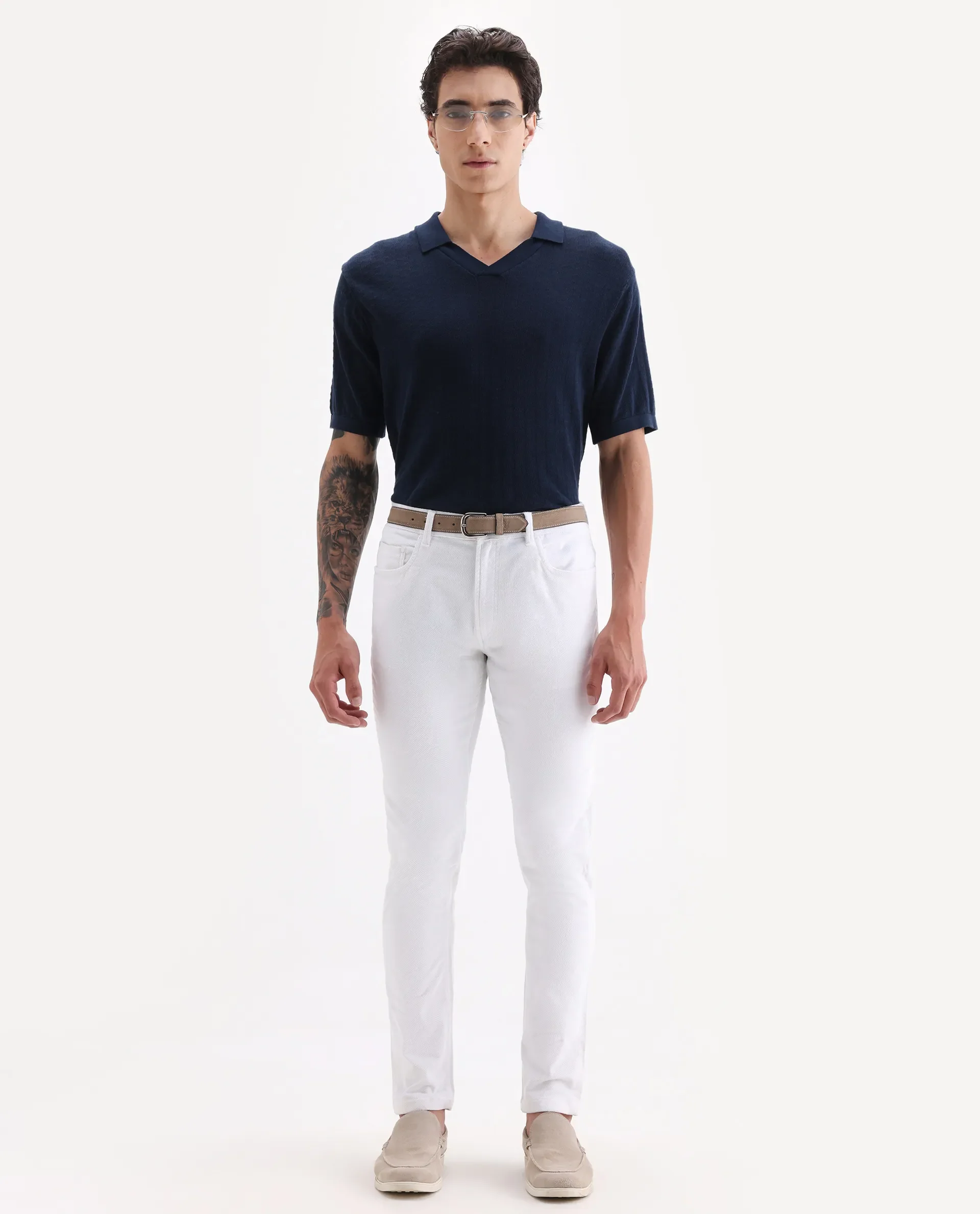 Rare Rabbit Men's Nahor White Cotton Plain Regular Fit Trouser