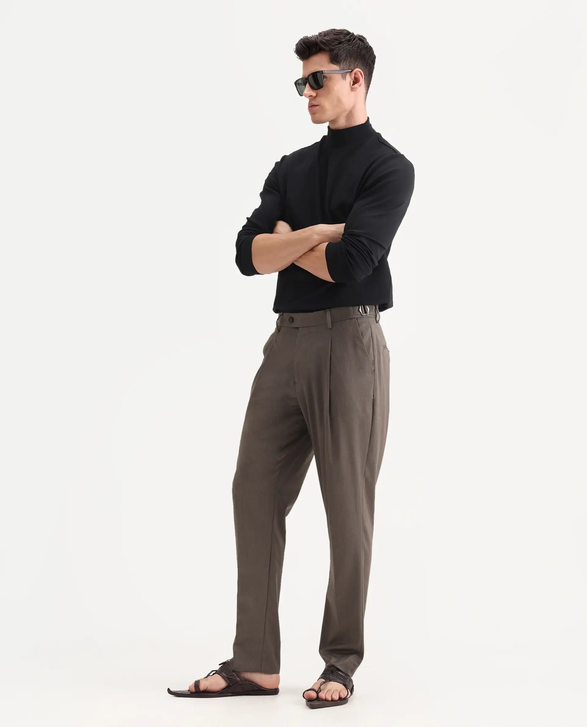 Rare Rabbit Men's Naji Dark Brown Polyester Blend Plain Relaxed Fit Gurkha Trouser