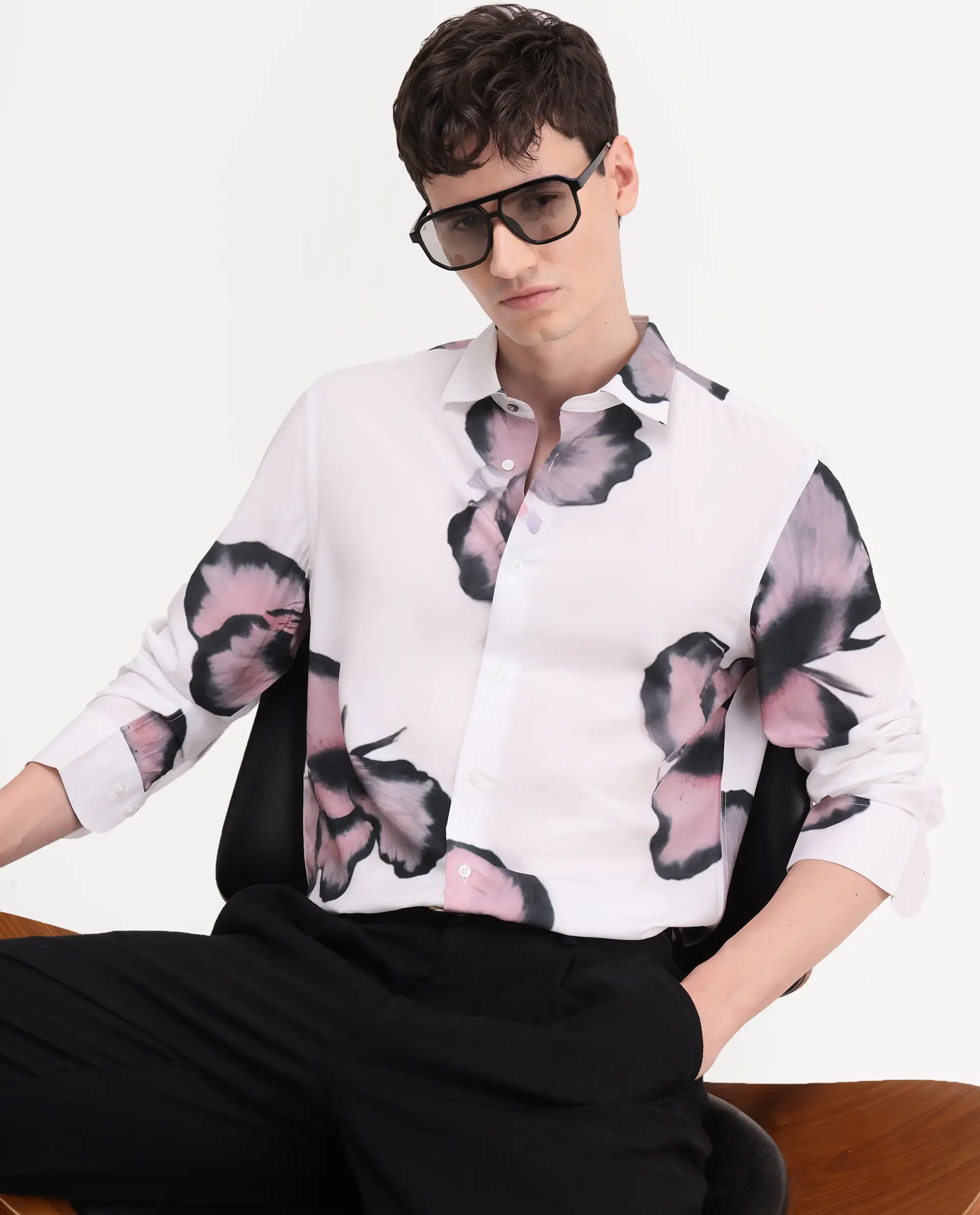 Rare Rabbit Men's Nalar White Viscose Fabric Full Sleeve Regular Fit Floral Print Shirt