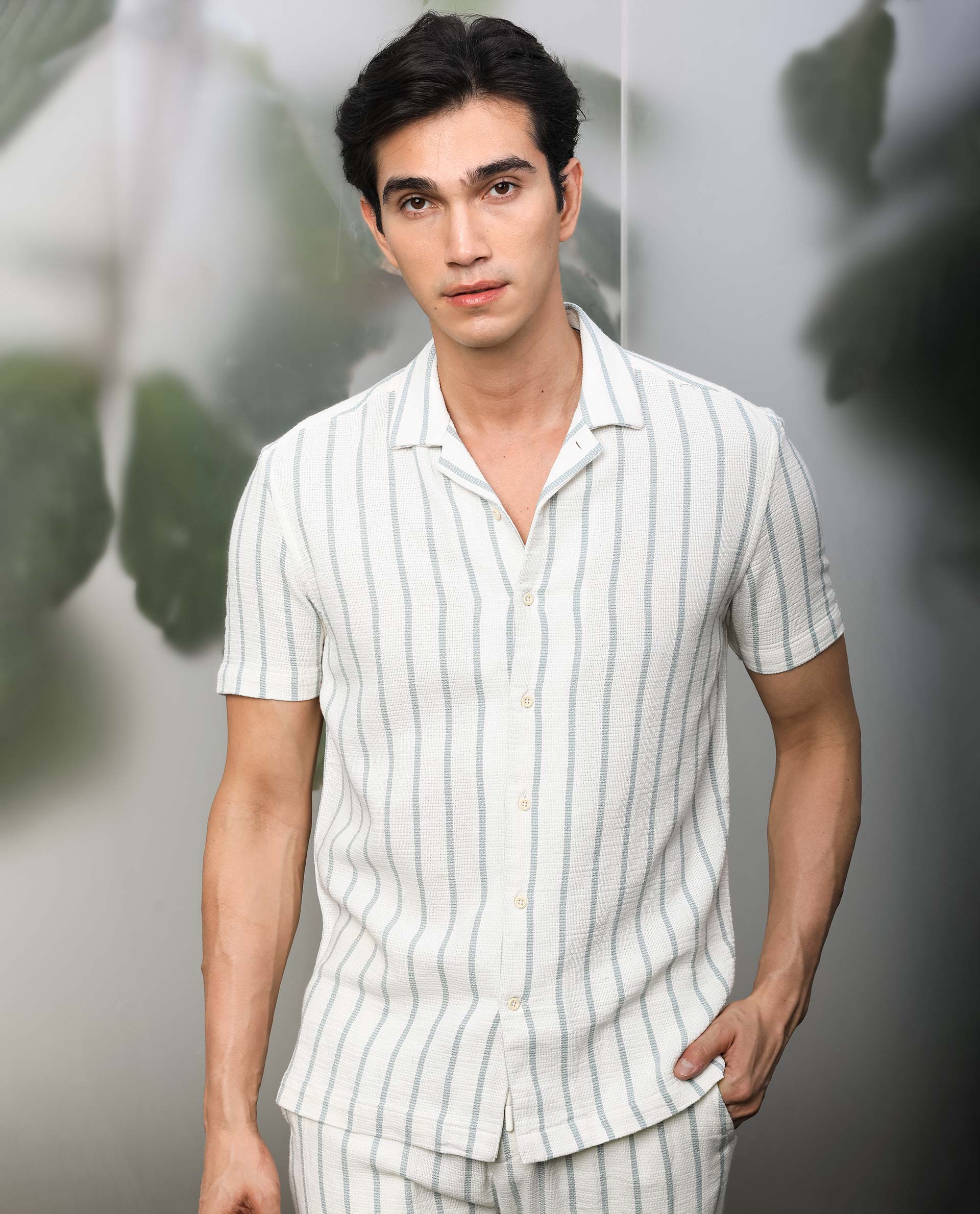 Rare Rabbit Men's Nanos Off White Cotton Striped Print Regular Fit Half Sleeve Cuban Collar Shirt