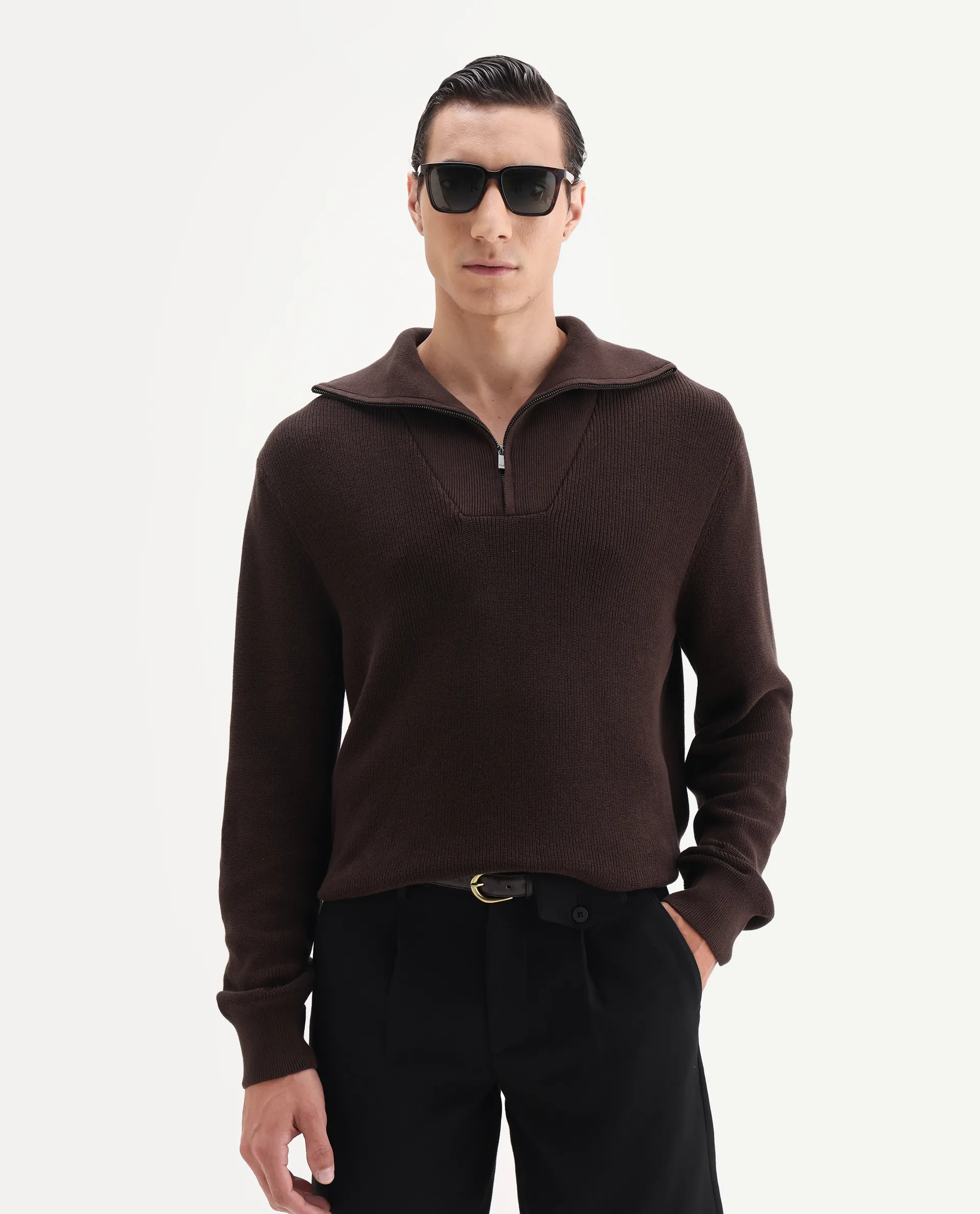 Rare Rabbit Men's Naro Dark Brown Polyester Fabric Full Sleeve High Neck Plain Sweater