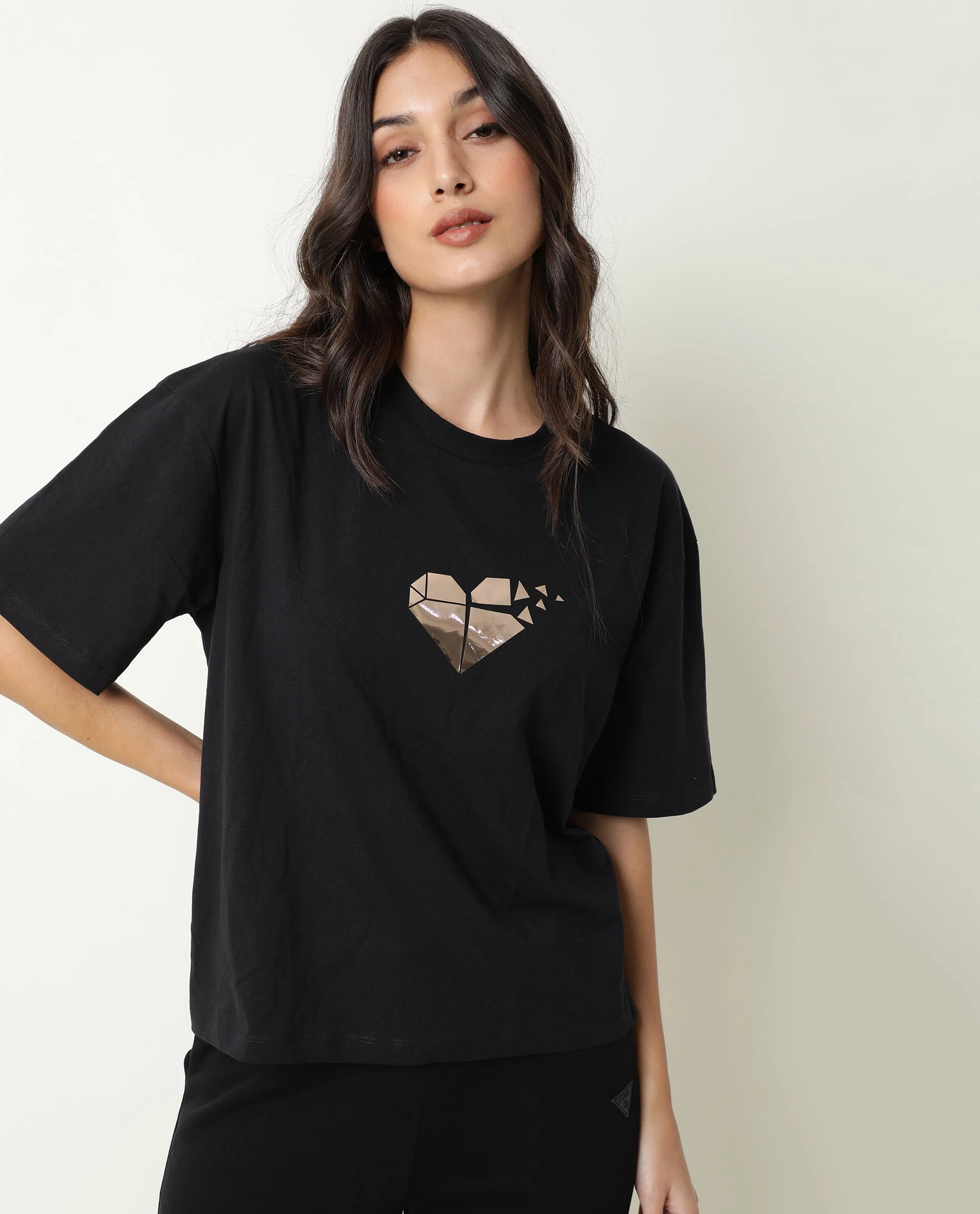 Rareism Womens Nat Black T-Shirt Cotton Fabric Regular Fit Half Sleeve Round Neck - Image 2