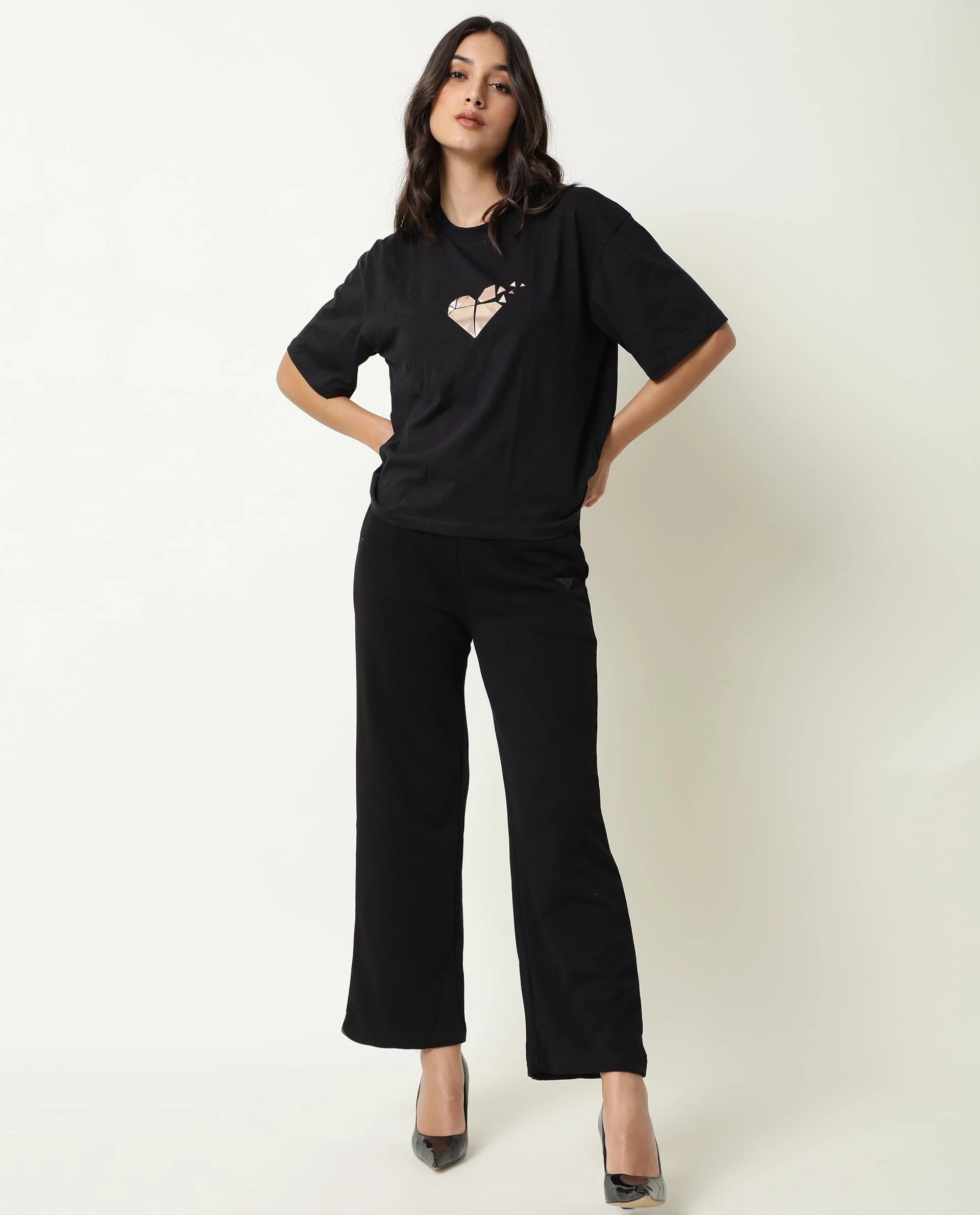 Rareism Womens Nat Black T-Shirt Cotton Fabric Regular Fit Half Sleeve Round Neck - Image 5
