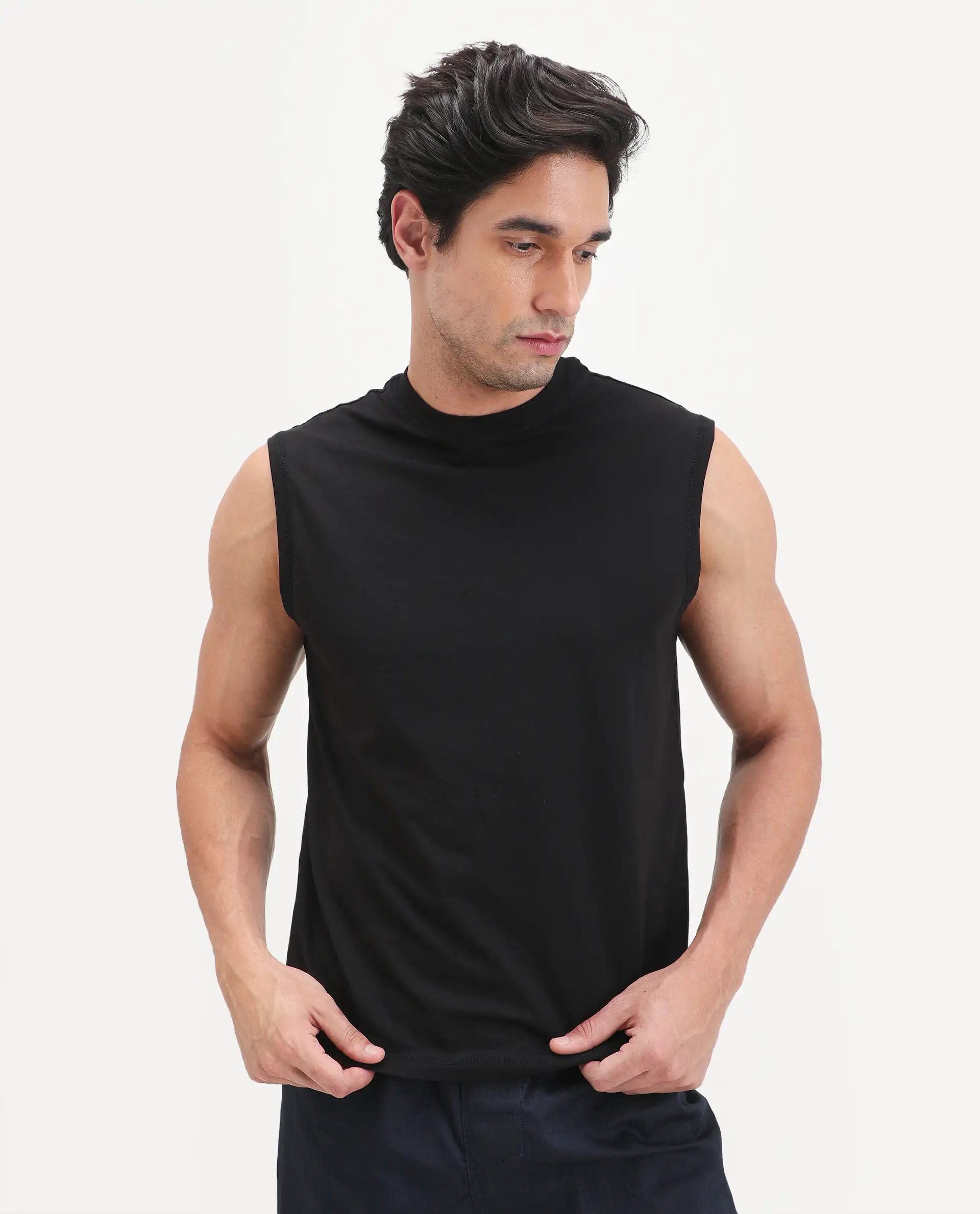 Rare Rabbit Men's Nats Black Cotton Lycra Fabric Regular Fit Plain Stretchable Sleeveless Vest