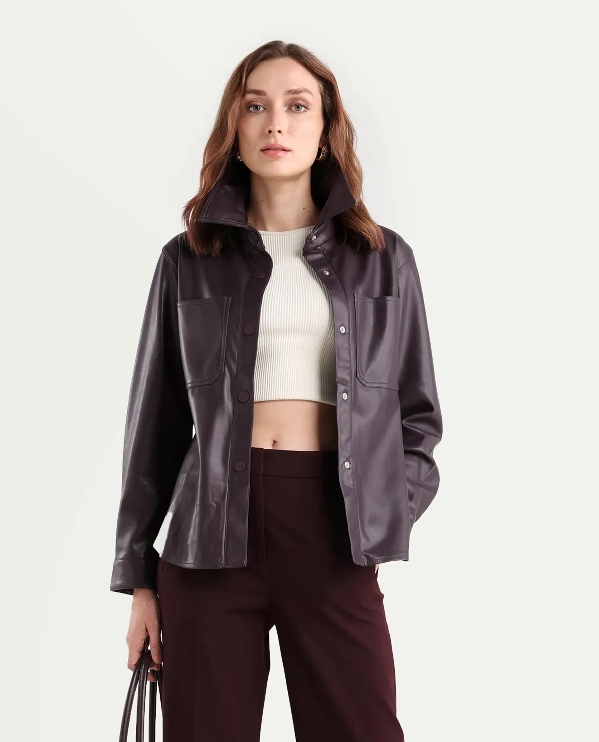 Rareism Women's Nemer Maroon Polyester Spread Collar Plain Cuffed Sleeve Boxy Fit Jacket