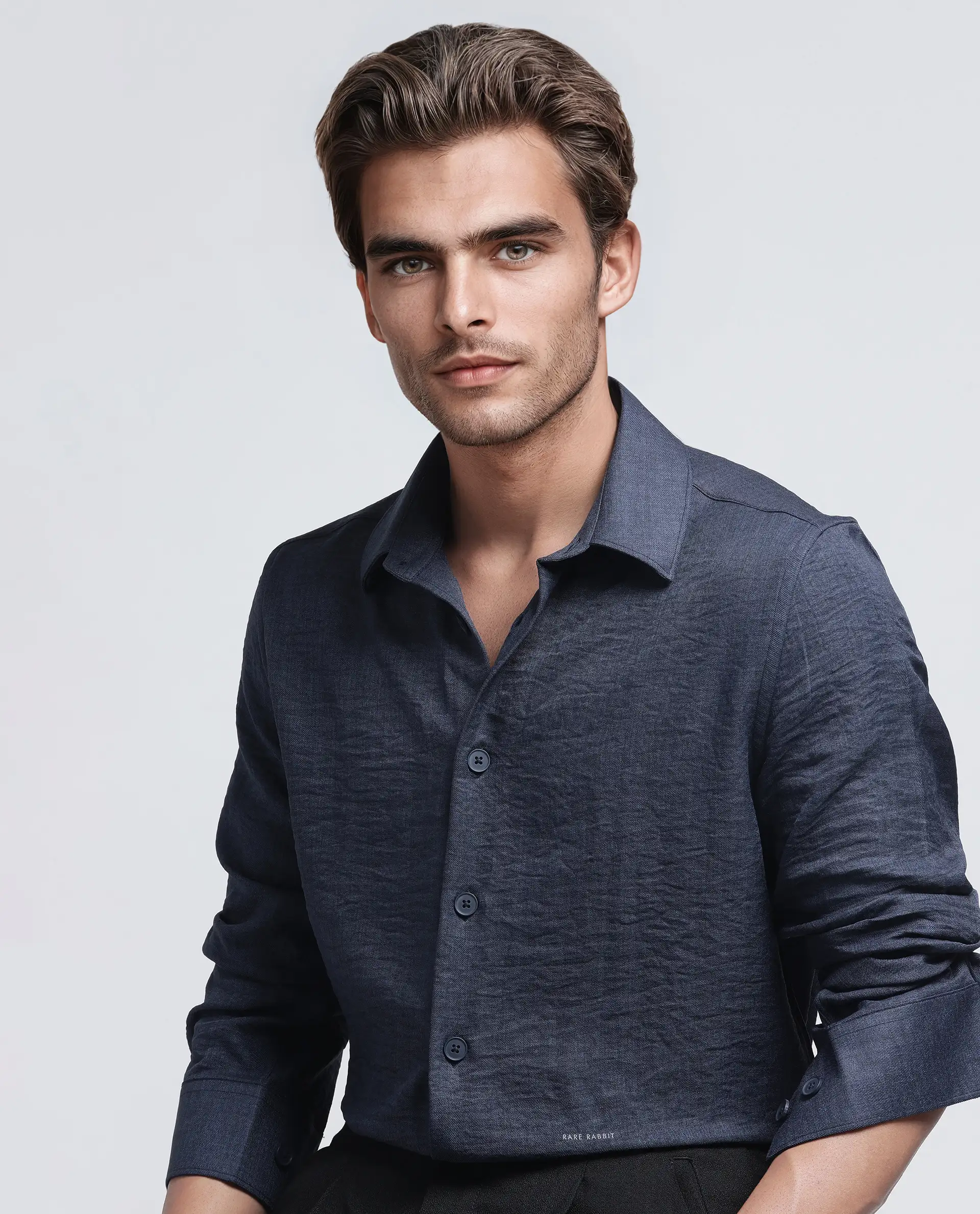 Rare Rabbit Men's Nert Navy Cotton Plain Relaxed Fit Full Sleeve Collared Shirt