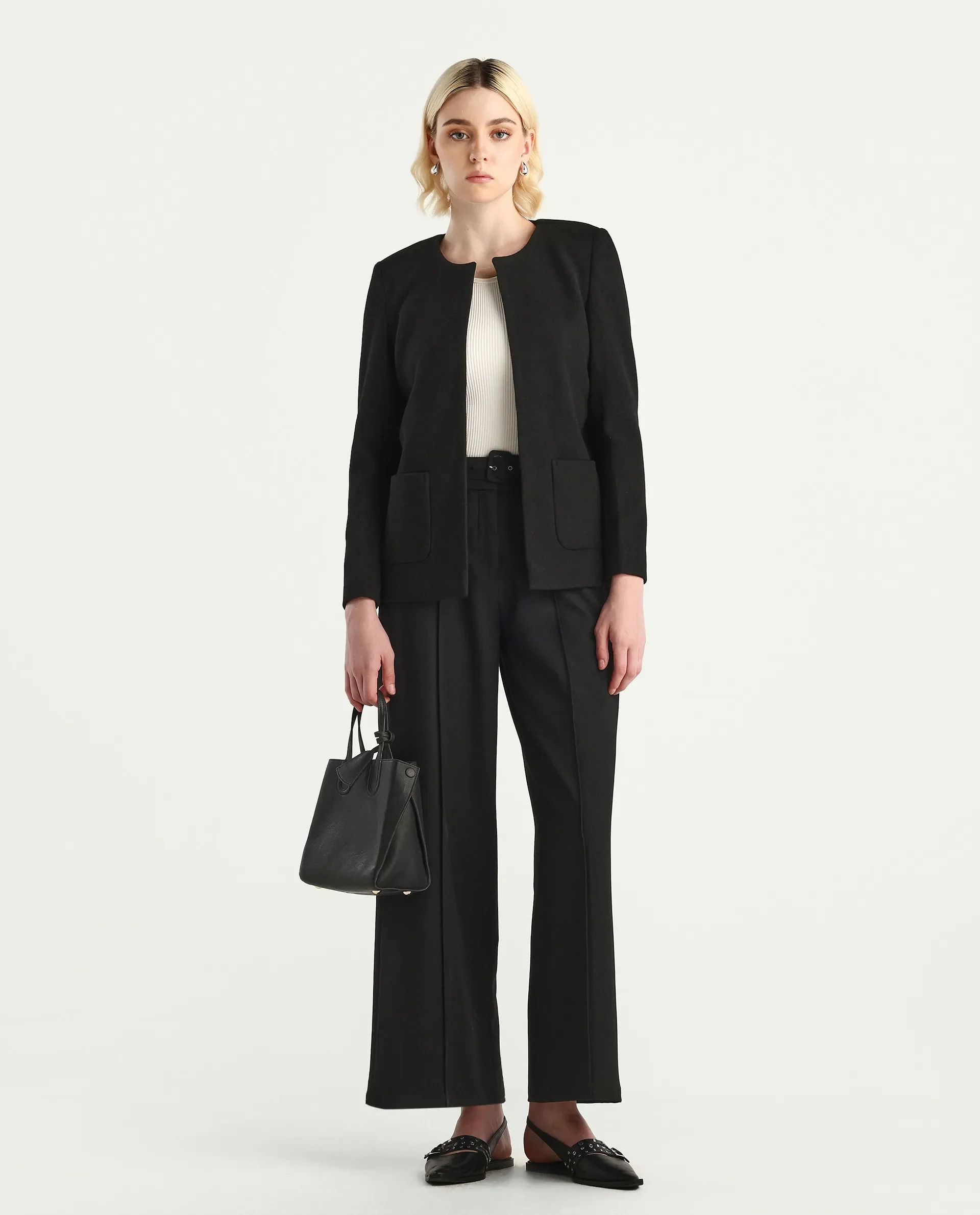 Rareism Women's Nexmar Black Polyester Blend Round Plain Jacket Fit Plain Jacket