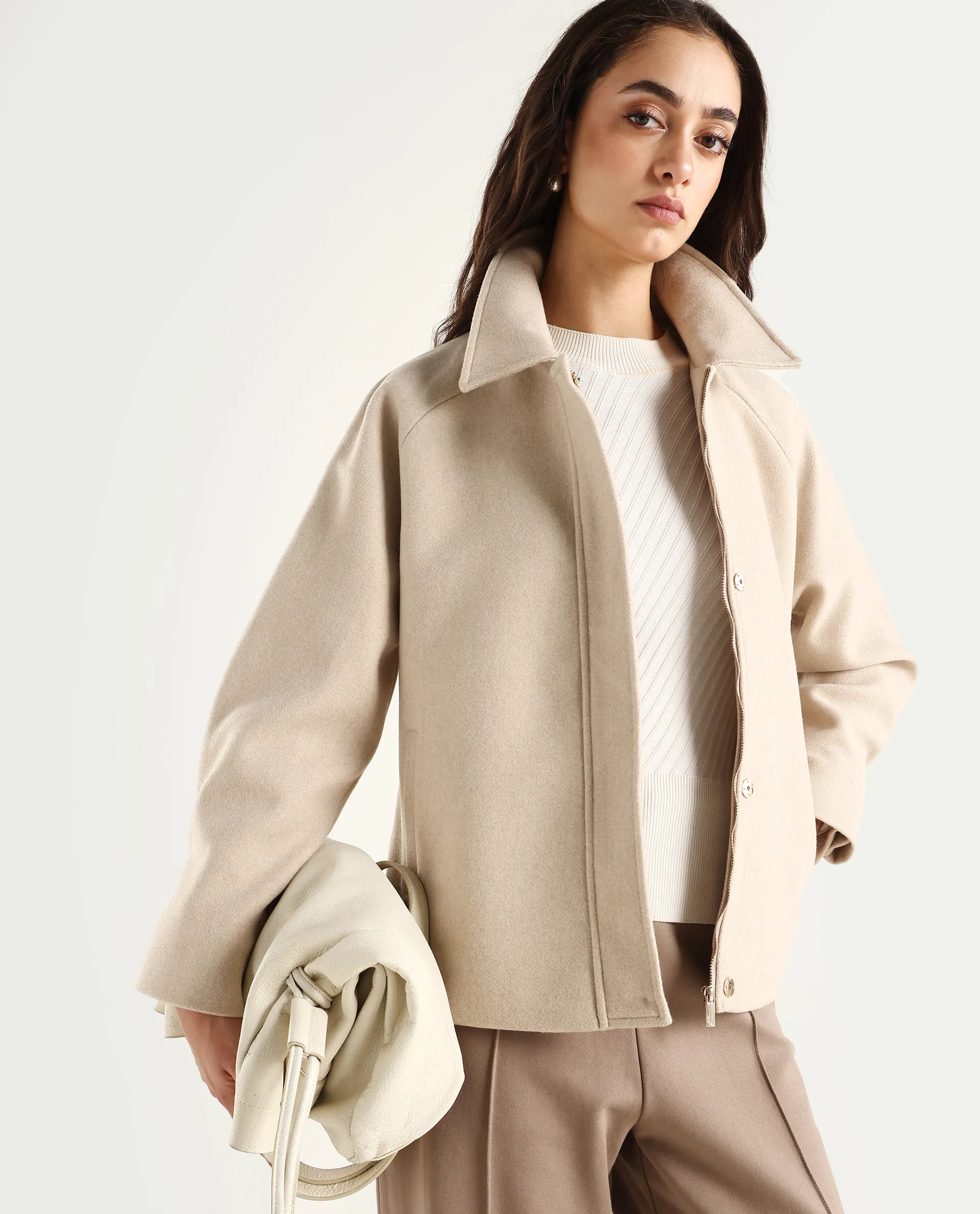 Rareism Women's Nicos Beige Polyester Blend Collared Neck Jacket Plain Jacket