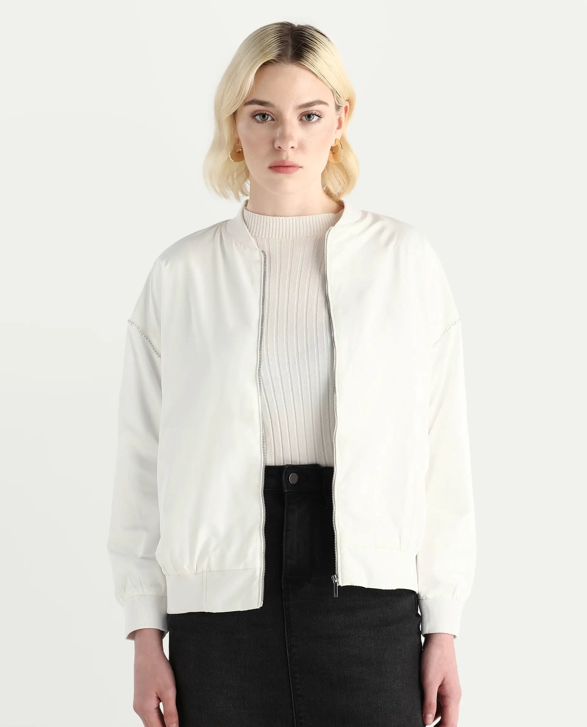 Rareism Women's Nifreen Off White Polyester Rib Collar Boxy Fit Plain Jacket
