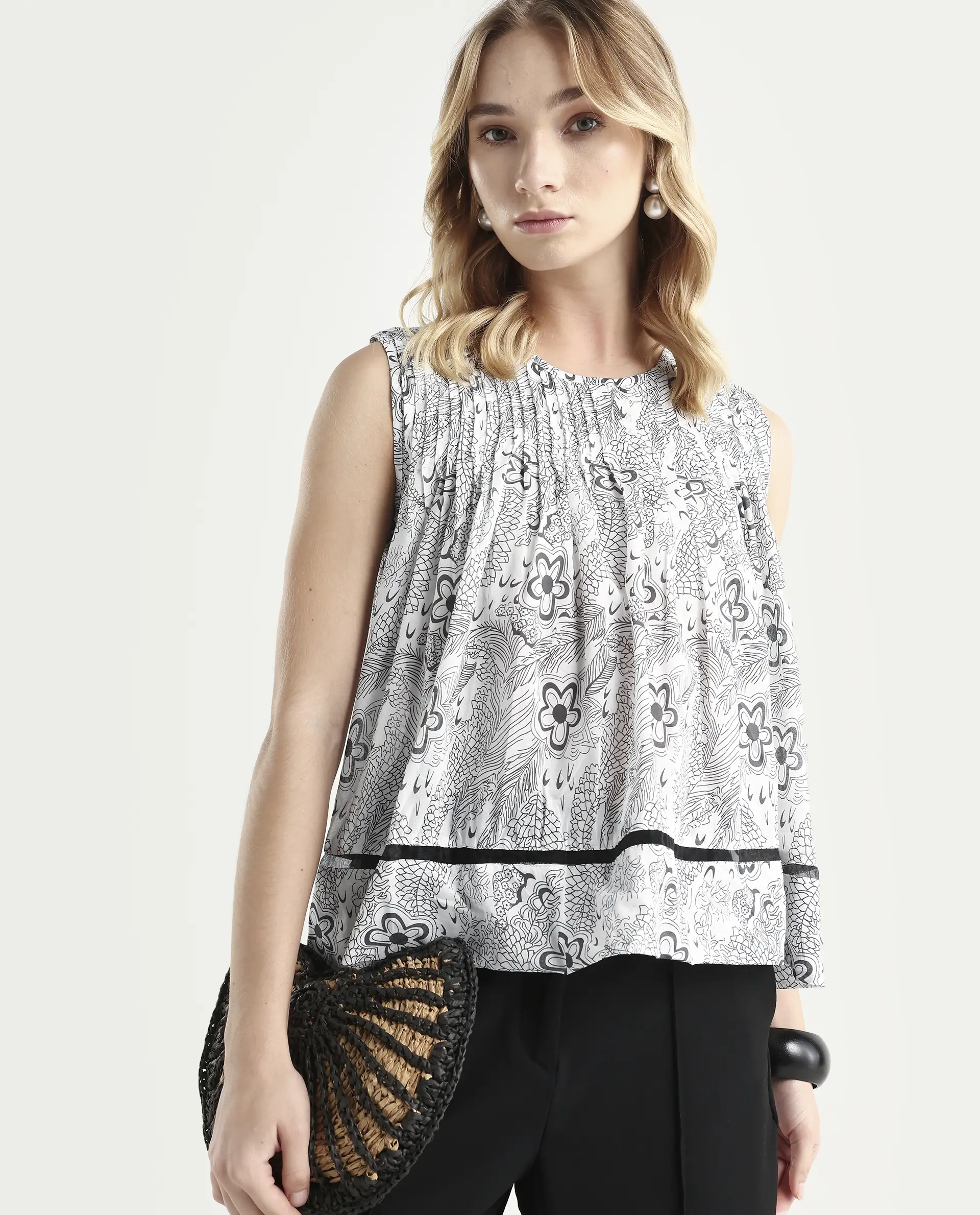 Rareism Women's Nikol White Cotton Crew Neck Abstract Print Sleeveless Regular Fit Top