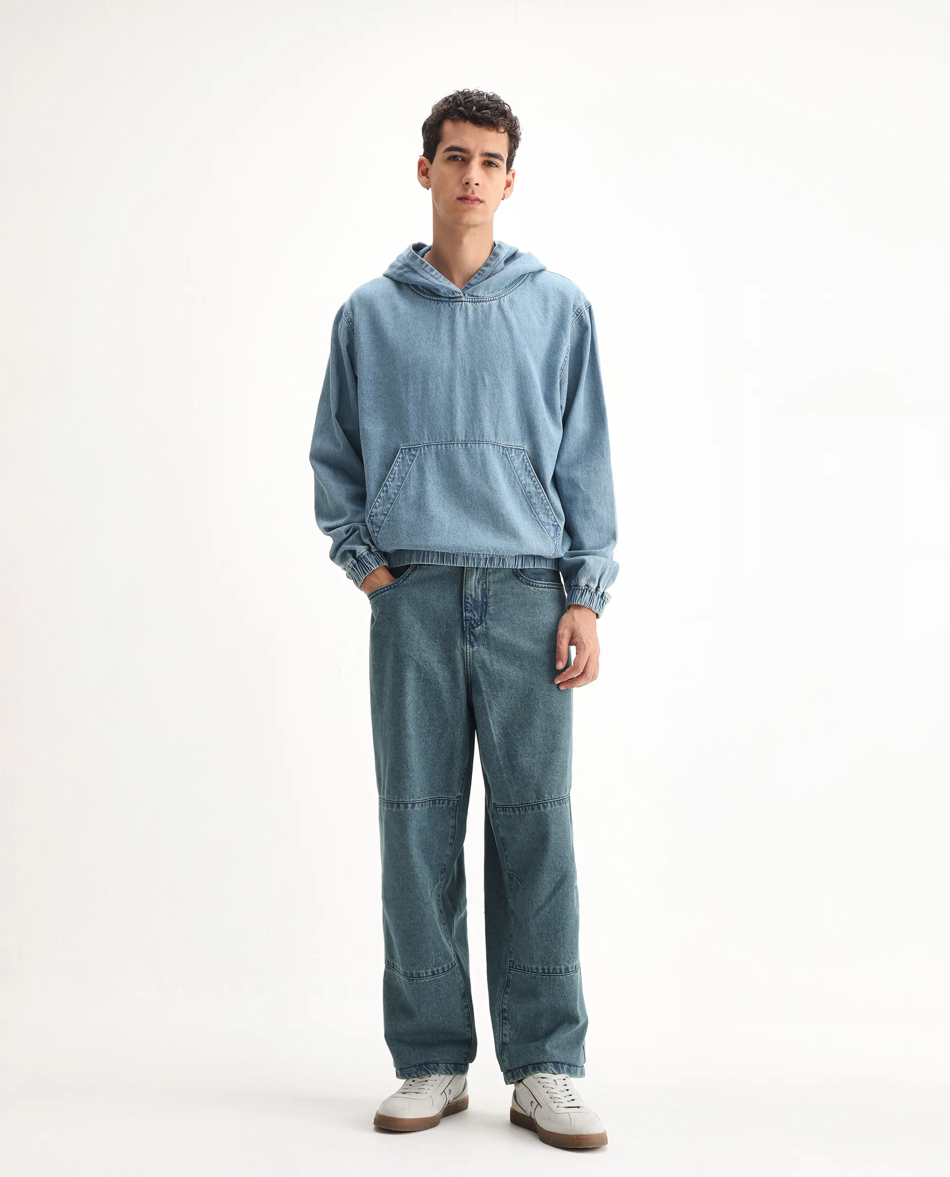Rare Rabbit Men's Niok Green Cotton Plain Baggy Fit Jeans