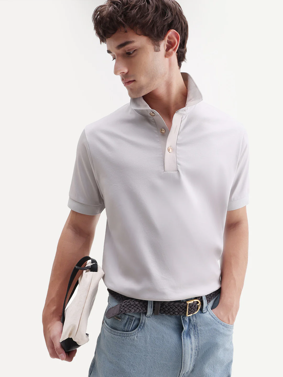 Rare Rabbit Men's Nish Pastel Green Cotton Fabric Half Sleeve Spread Collar Regular Fit Plain Polo