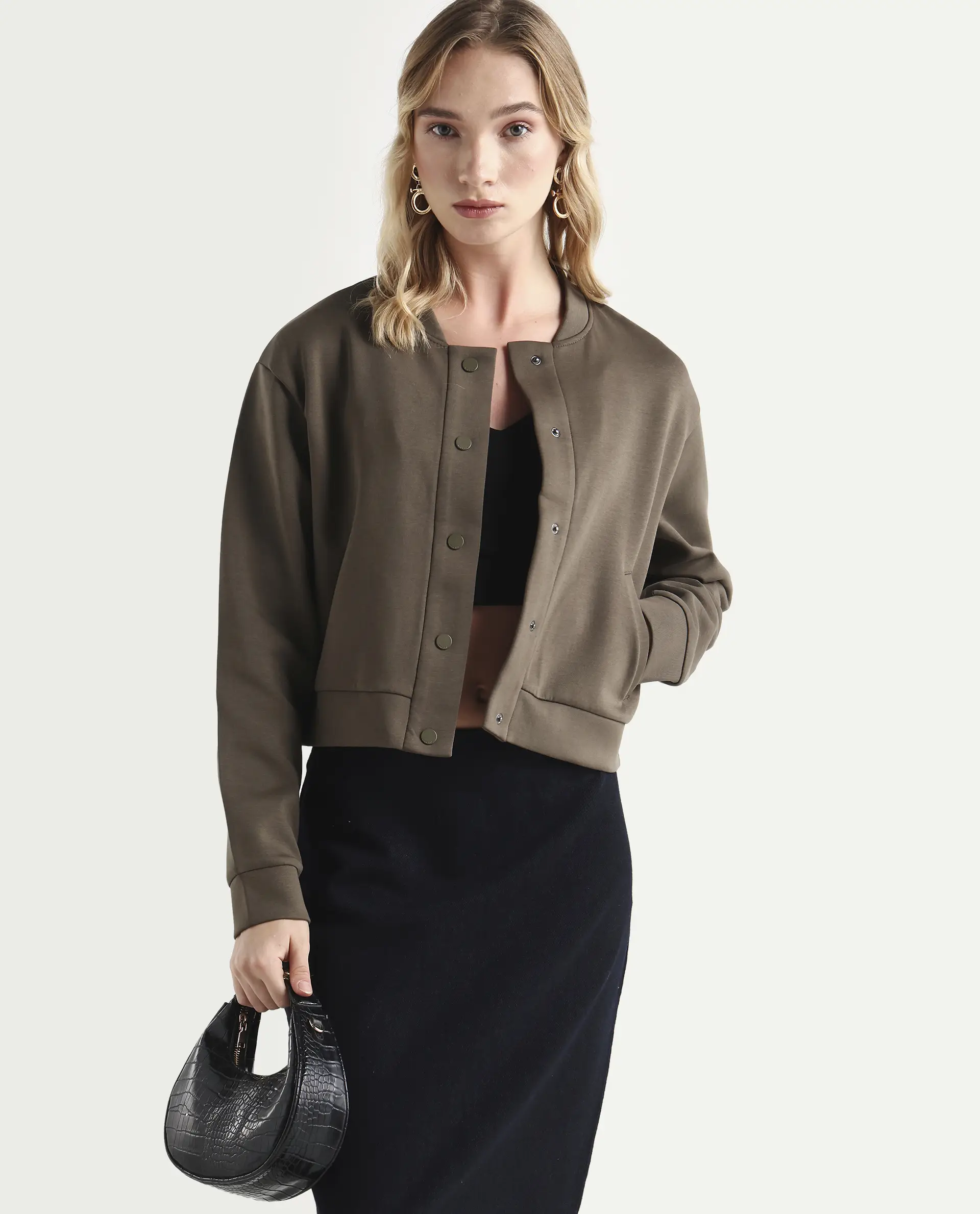Rareism Women's Nitt Olive Cotton Blend Stand Collar Regular Fit Jacket