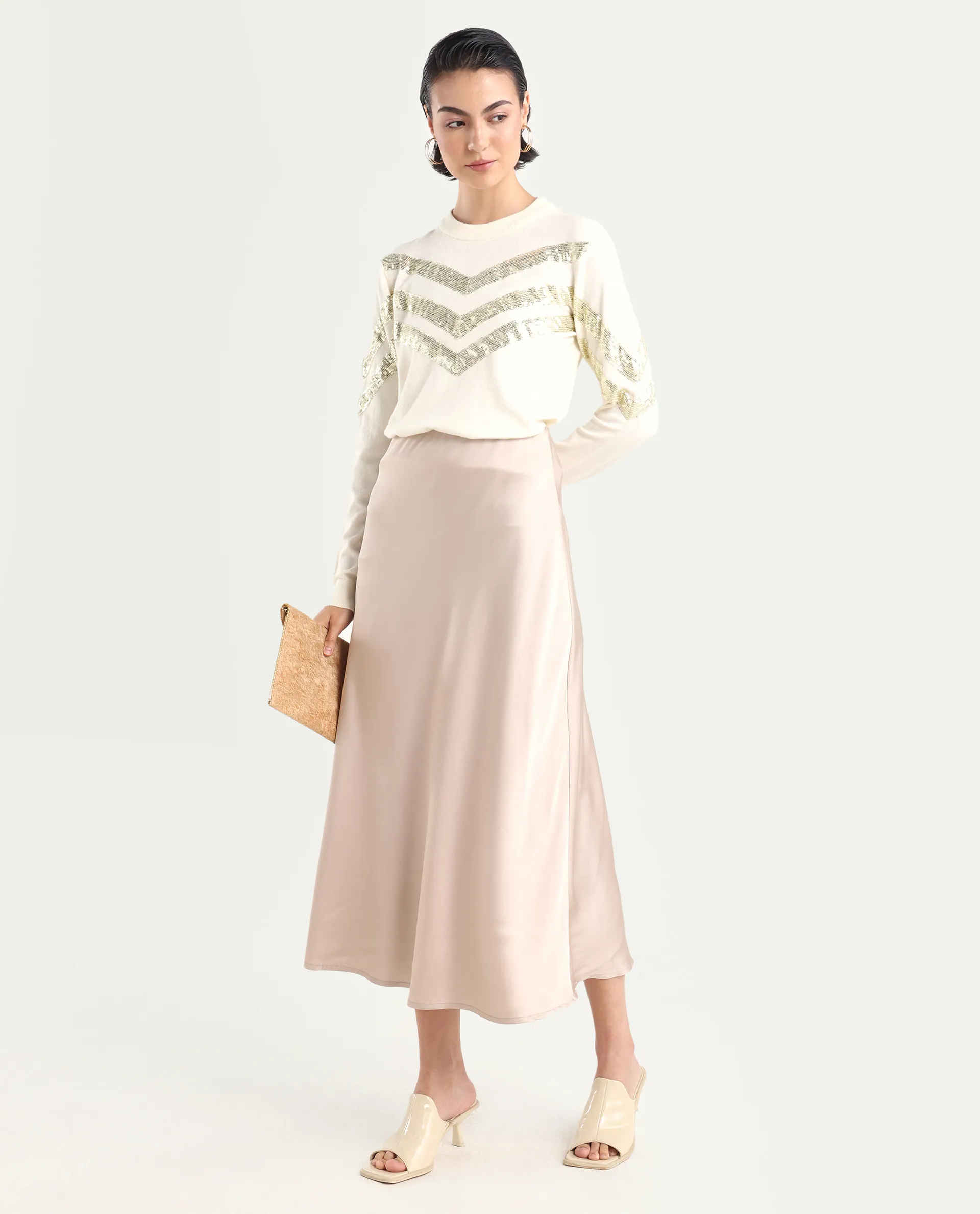 Rareism Women's Niyano Beige Polyester A-Line Skirt