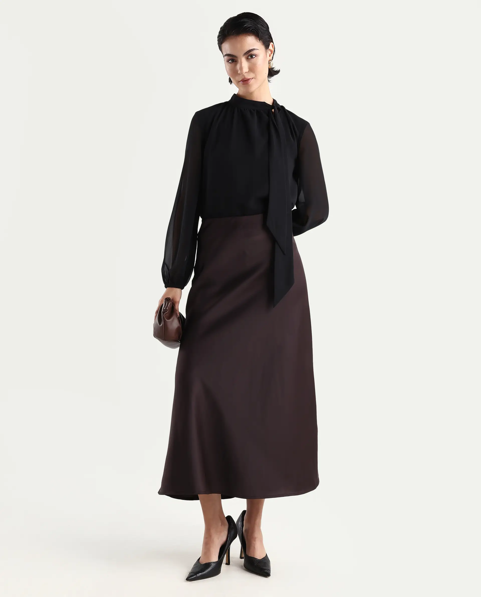 Rareism Women's Niyano Brown Polyester A-Line Skirt