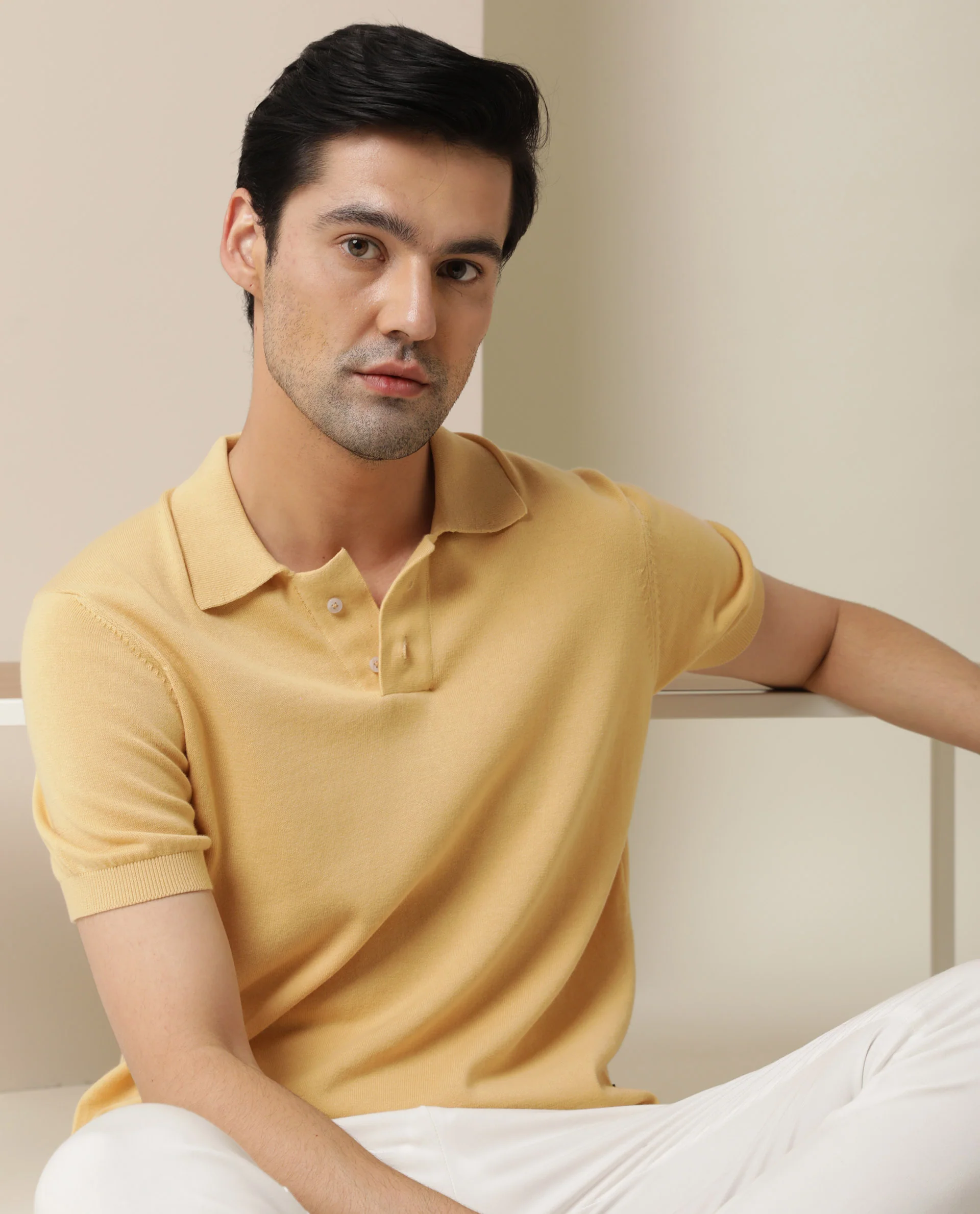 Rare Rabbit Men's Noah Yellow Cotton Plain Slim Fit Half Sleeve Polo