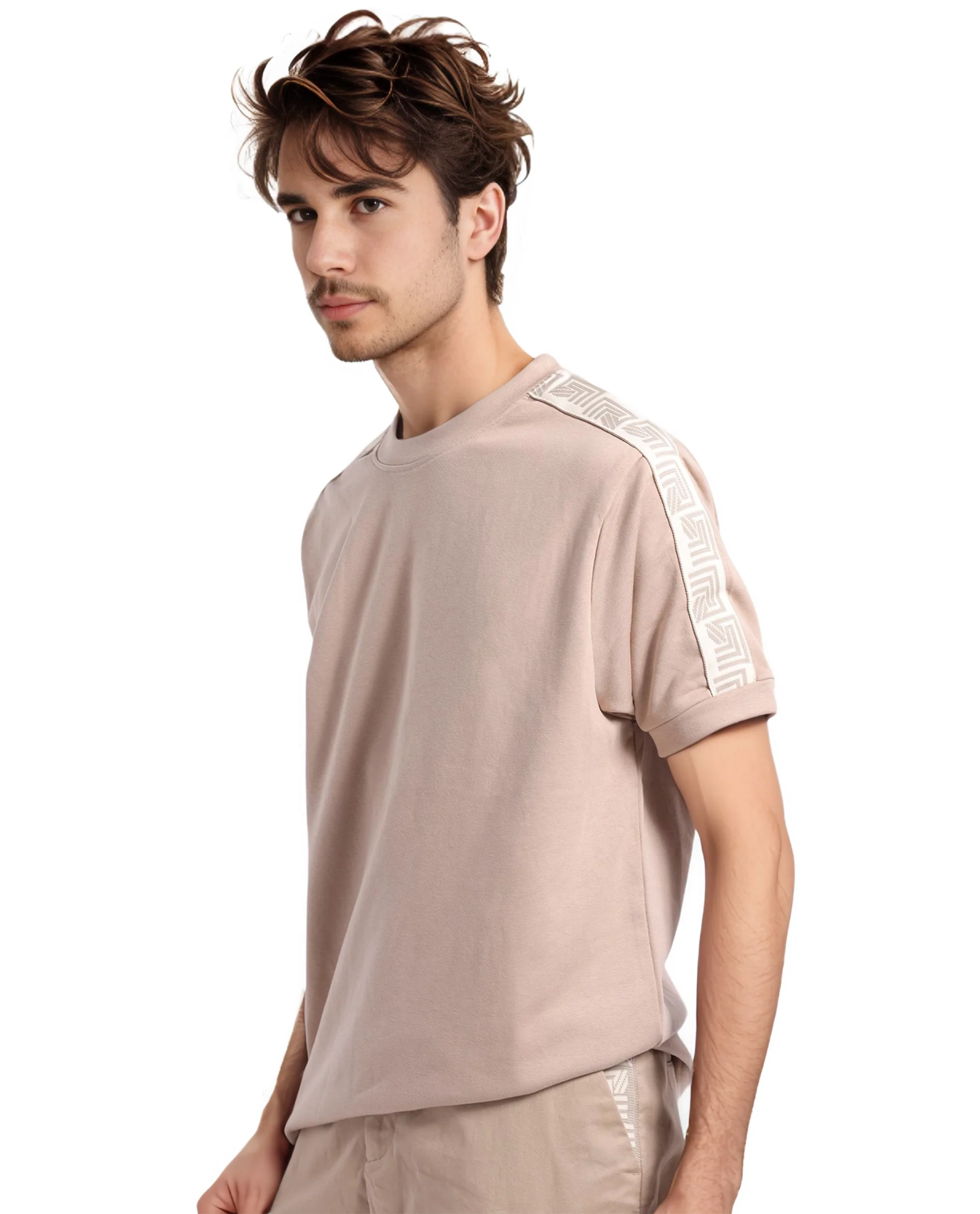 Rare Rabbit Men's Nobo Beige Cotton Monogram Print Oversized Fit Half Sleeve Crew Neck T-Shirt