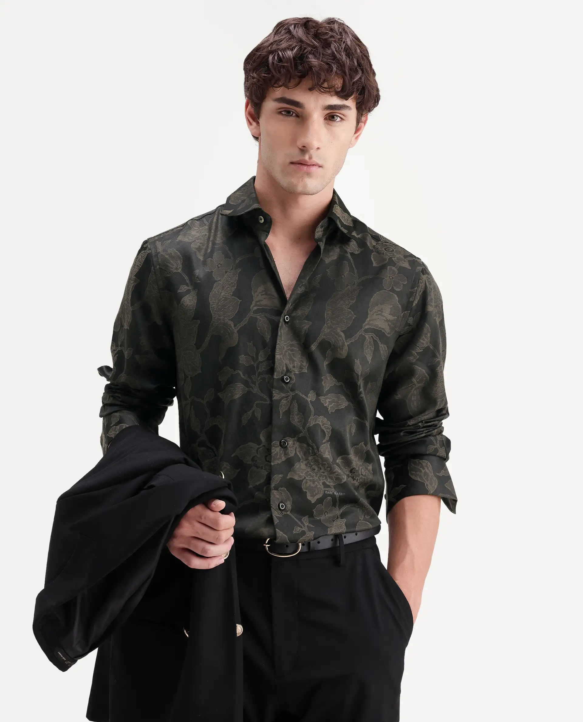 Rare Rabbit Men's Nomo Black Polyester Blend Fabric Spread Collar Regular Fit Jacquard Shirt