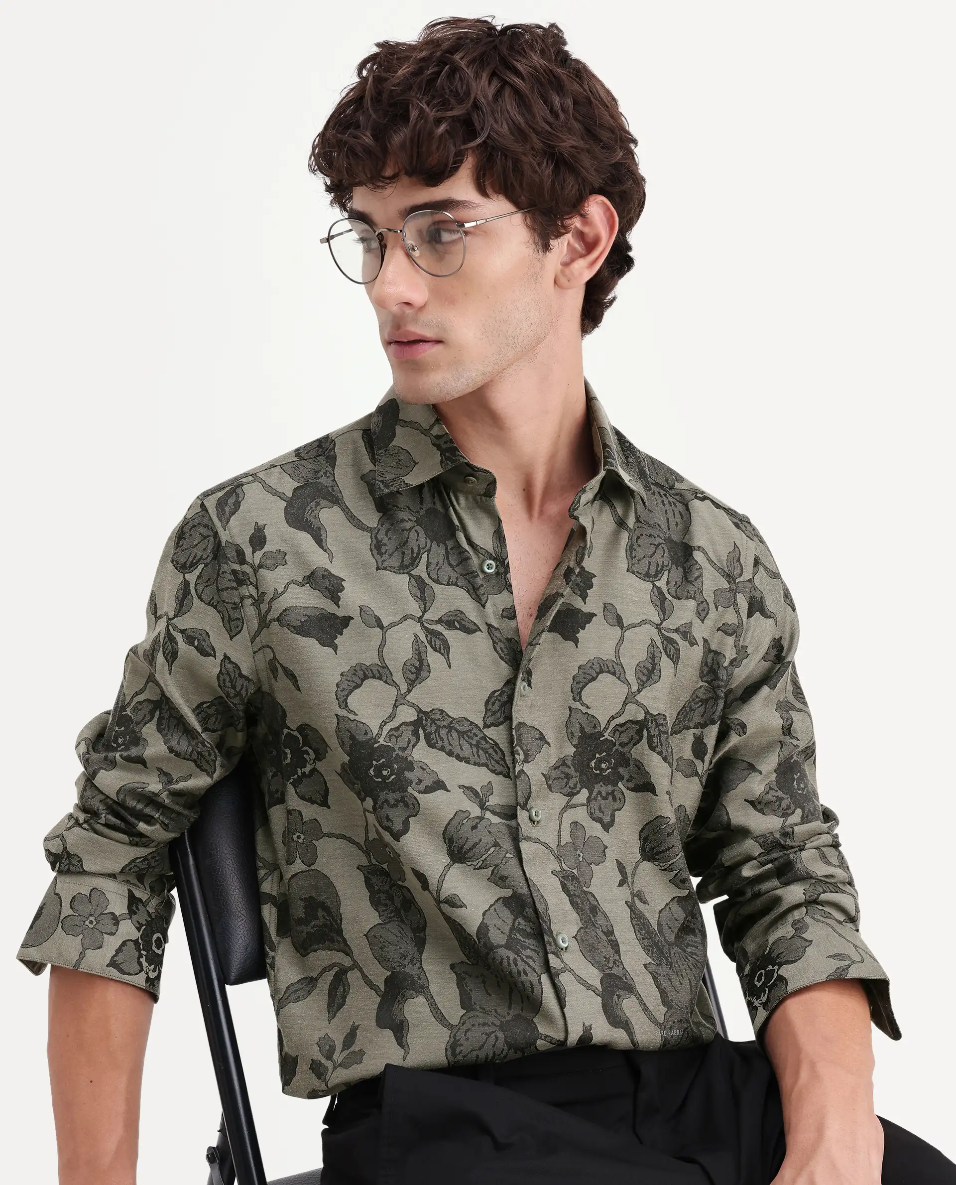 Rare Rabbit Men's Nomo Dark Green Polyester Blend Fabric Spread Collar Regular Fit Floral Print Shirt