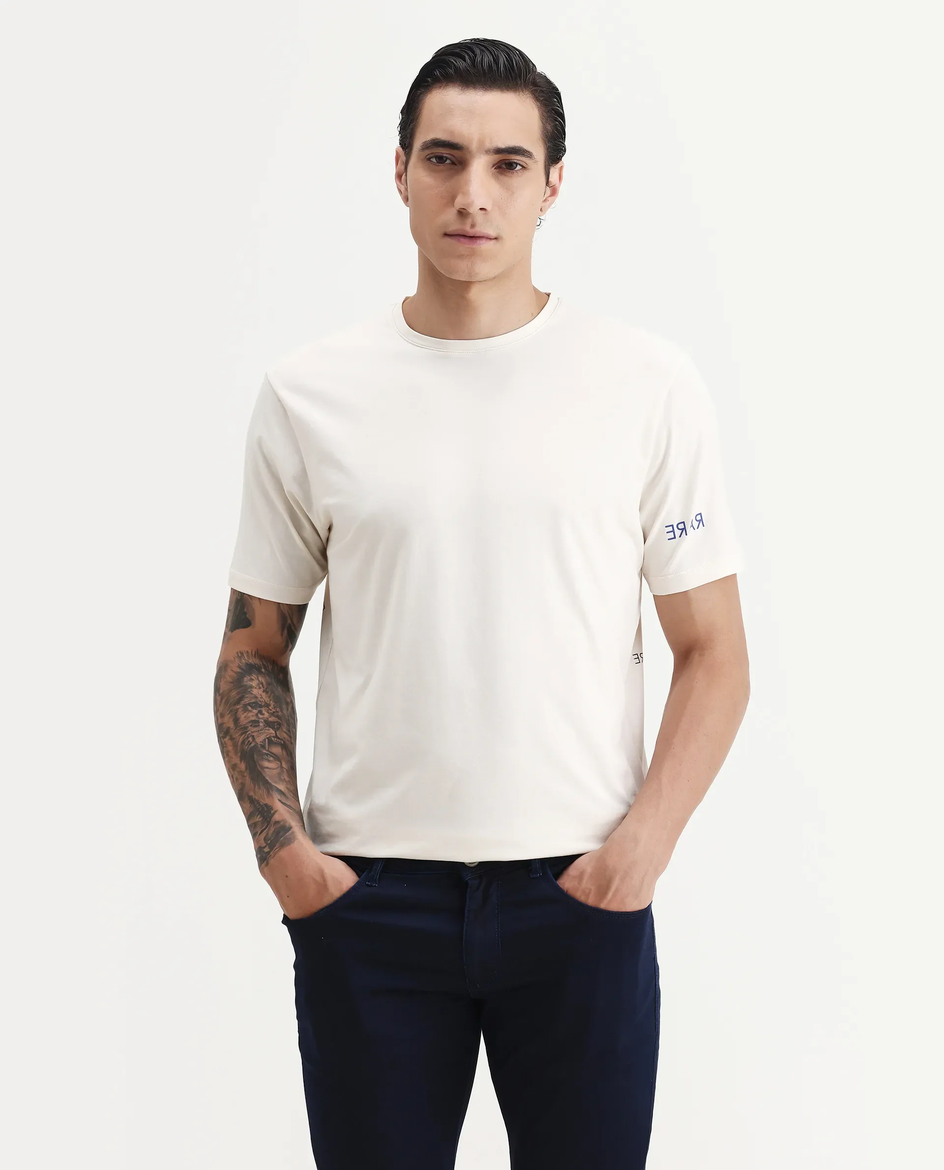 Rare Rabbit Men's Nomo Beige Cotton Blend Monogram Print Regular Fit Half Sleeve Crew Neck T-Shirt