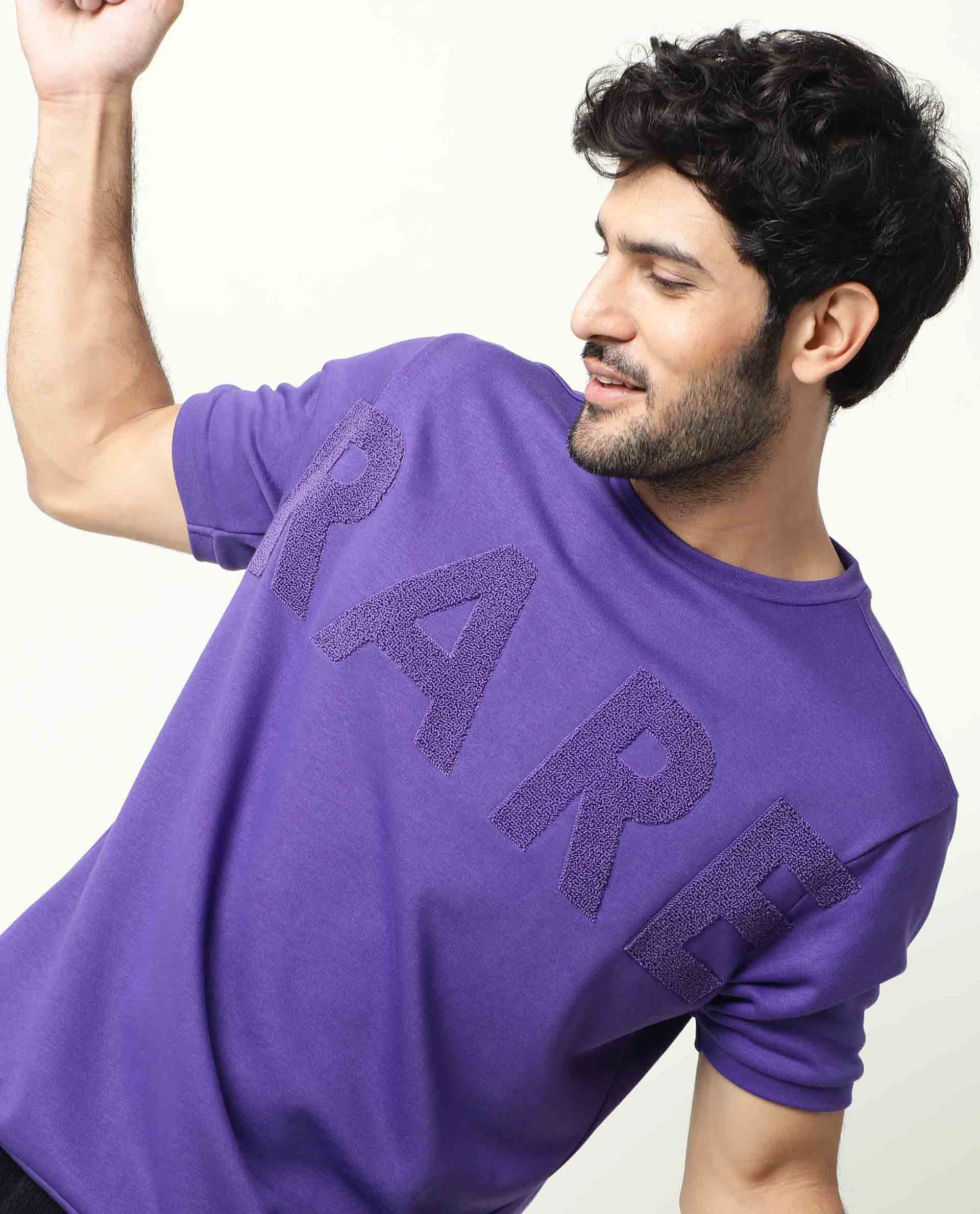 Rare Rabbit Men's Nor Purple Cotton Plain Slim Fit Half Sleeve Crew Neck Sweatshirt