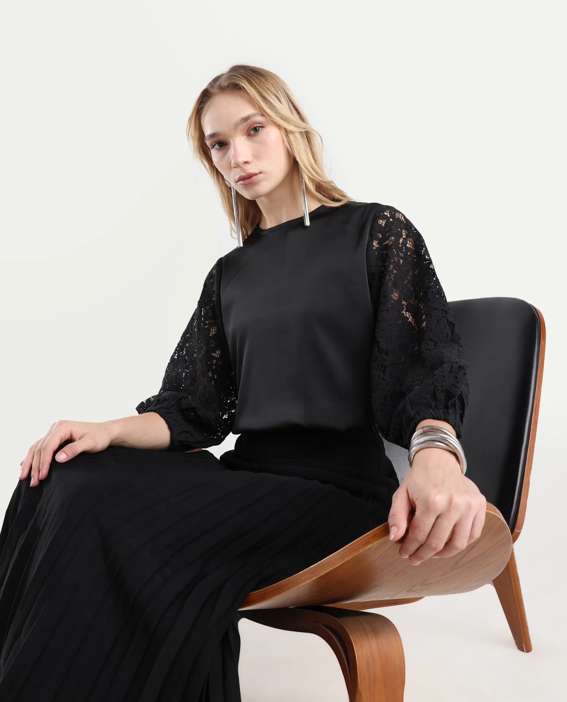 Rareism Women's Norbury Black Polyester High Neck Plain Balloon Sleeve Regular Fit Top
