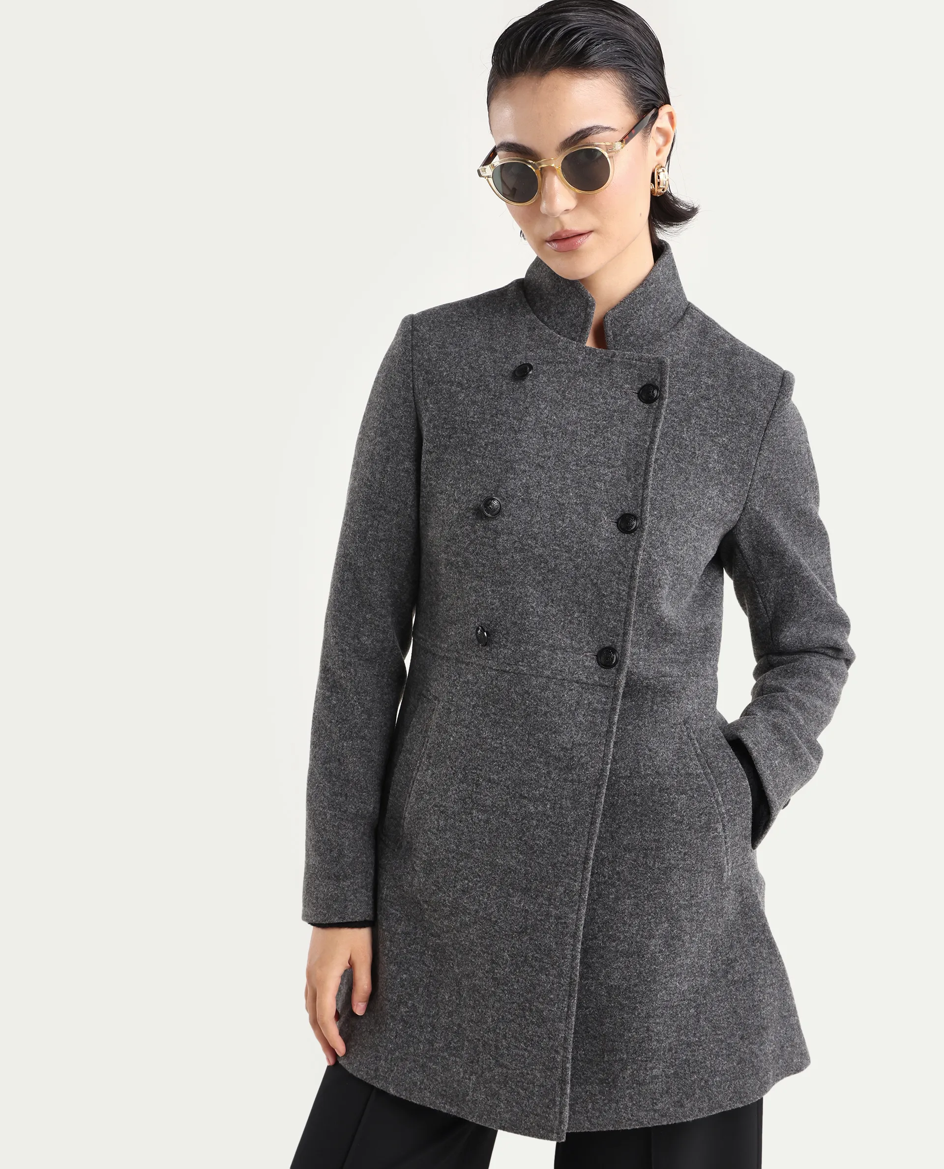 Rareism Women's Norint Dark Grey Polyester Blend Mandarin Collar Fitted Coat