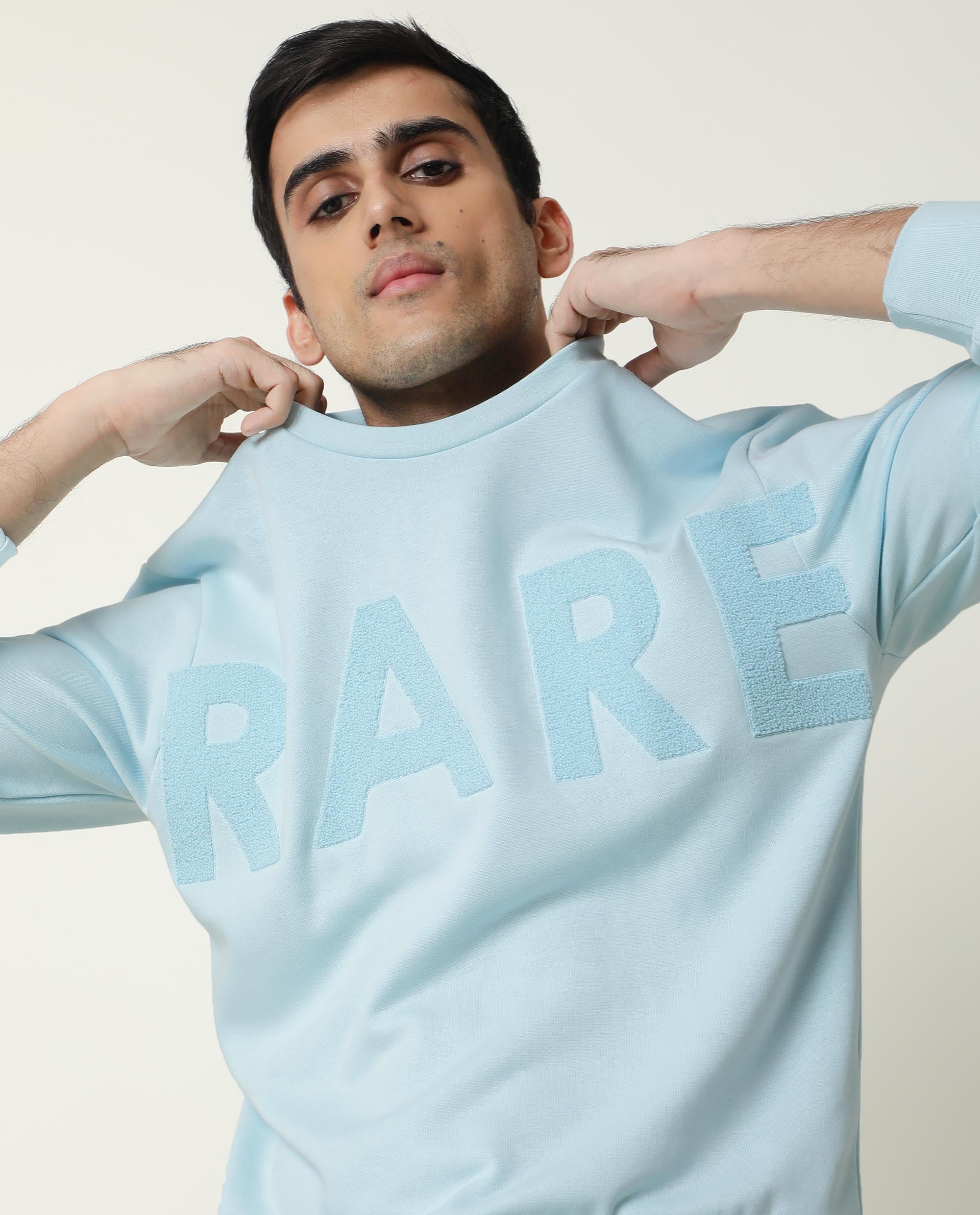 Rare Rabbit Men's Norman Blue Plain Regular Fit Full Sleeve Crew Neck Sweatshirt