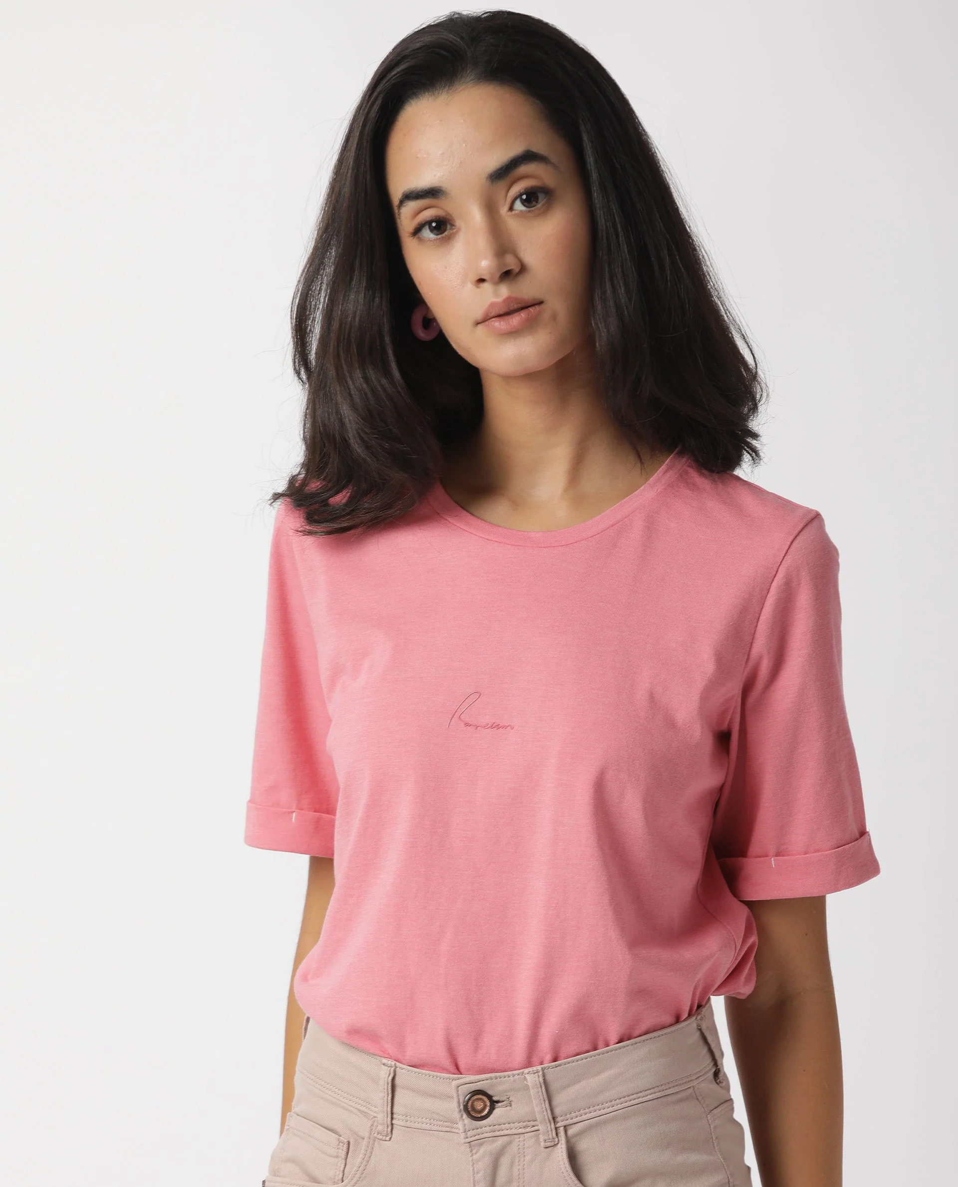 Rareism Women's Nova Tee 2 Pink Cotton Crew Neck Plain Regular Fit T-Shirt