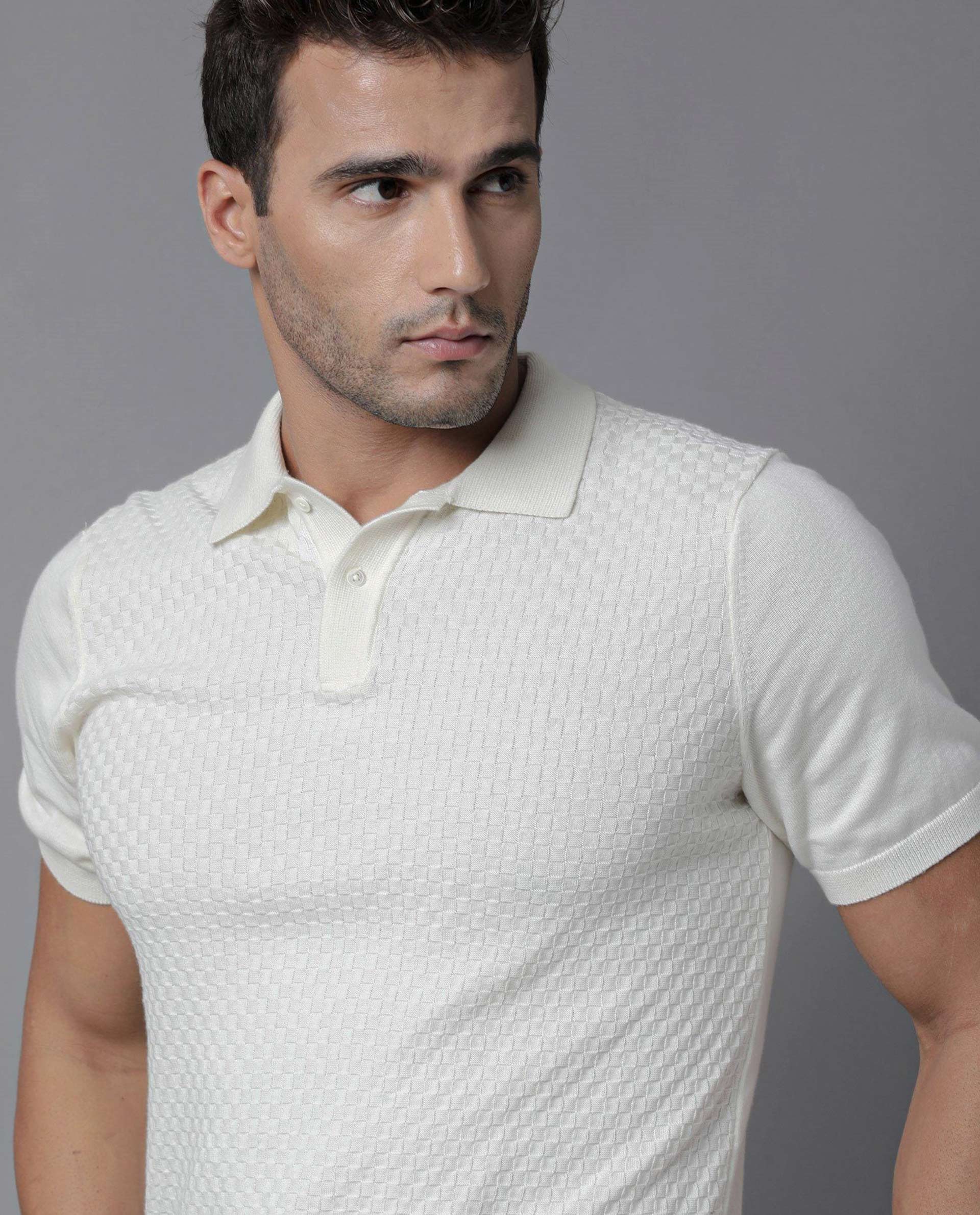Rare Rabbit Men's Novva Offwhite Cotton Slim Fit Half Sleeve Polo