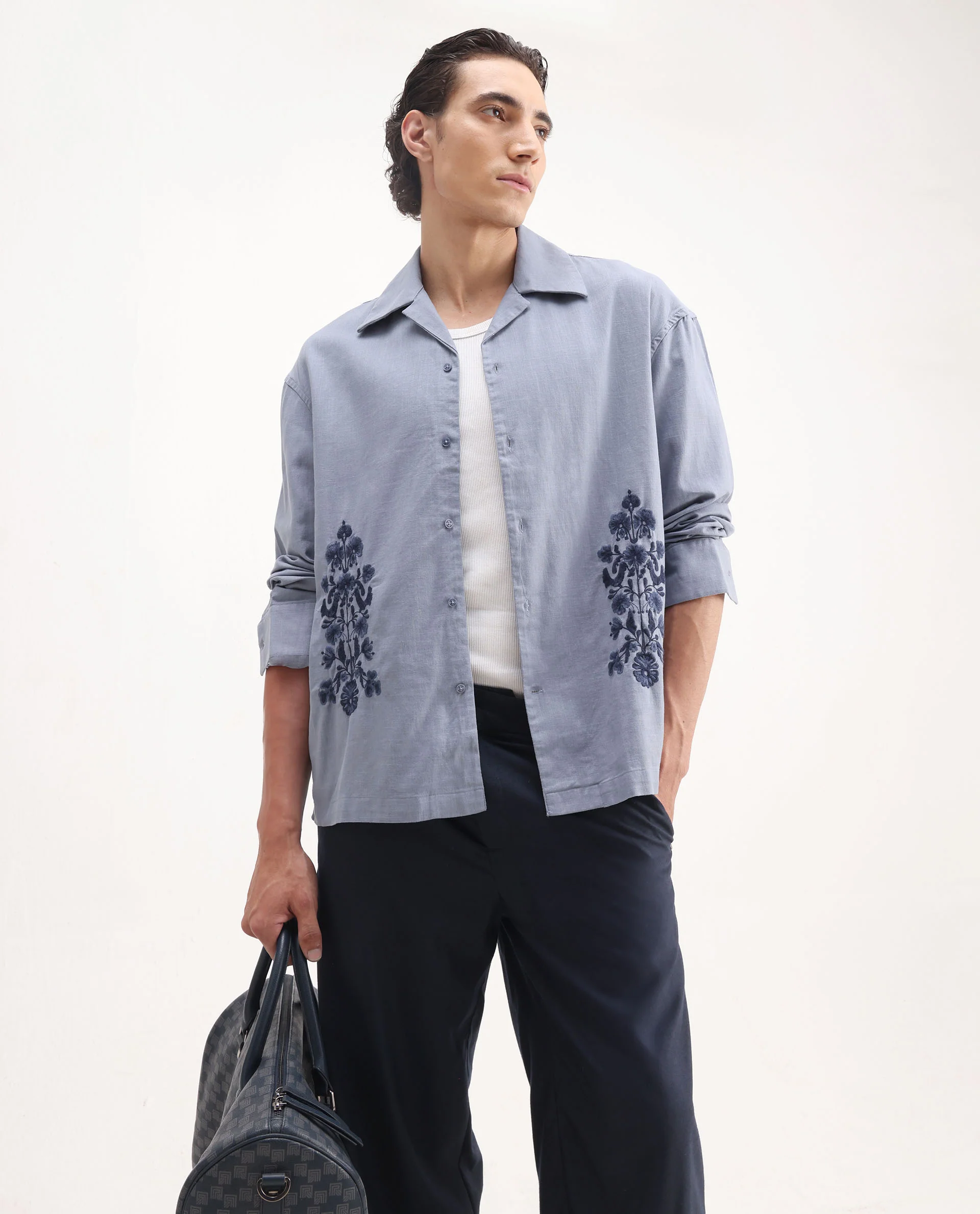 Rare Rabbit Men's Noyon Light Blue Cotton Embroidered Relaxed Fit Full Sleeve Cuban Collar Shirt