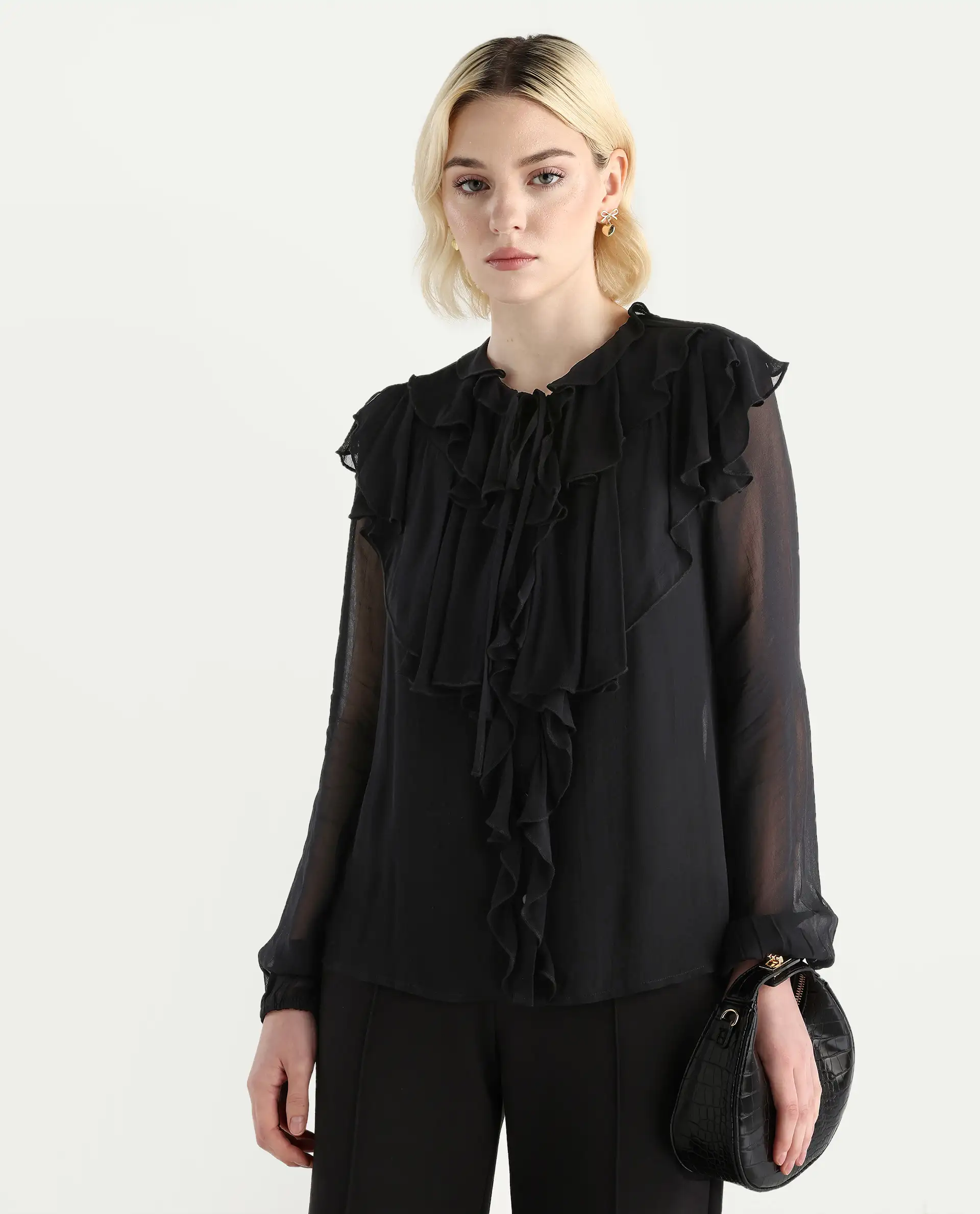 Rareism Women's Nubin Black Polyester Bishop Sleeve Ruffled Neck Regular Fit Plain Top