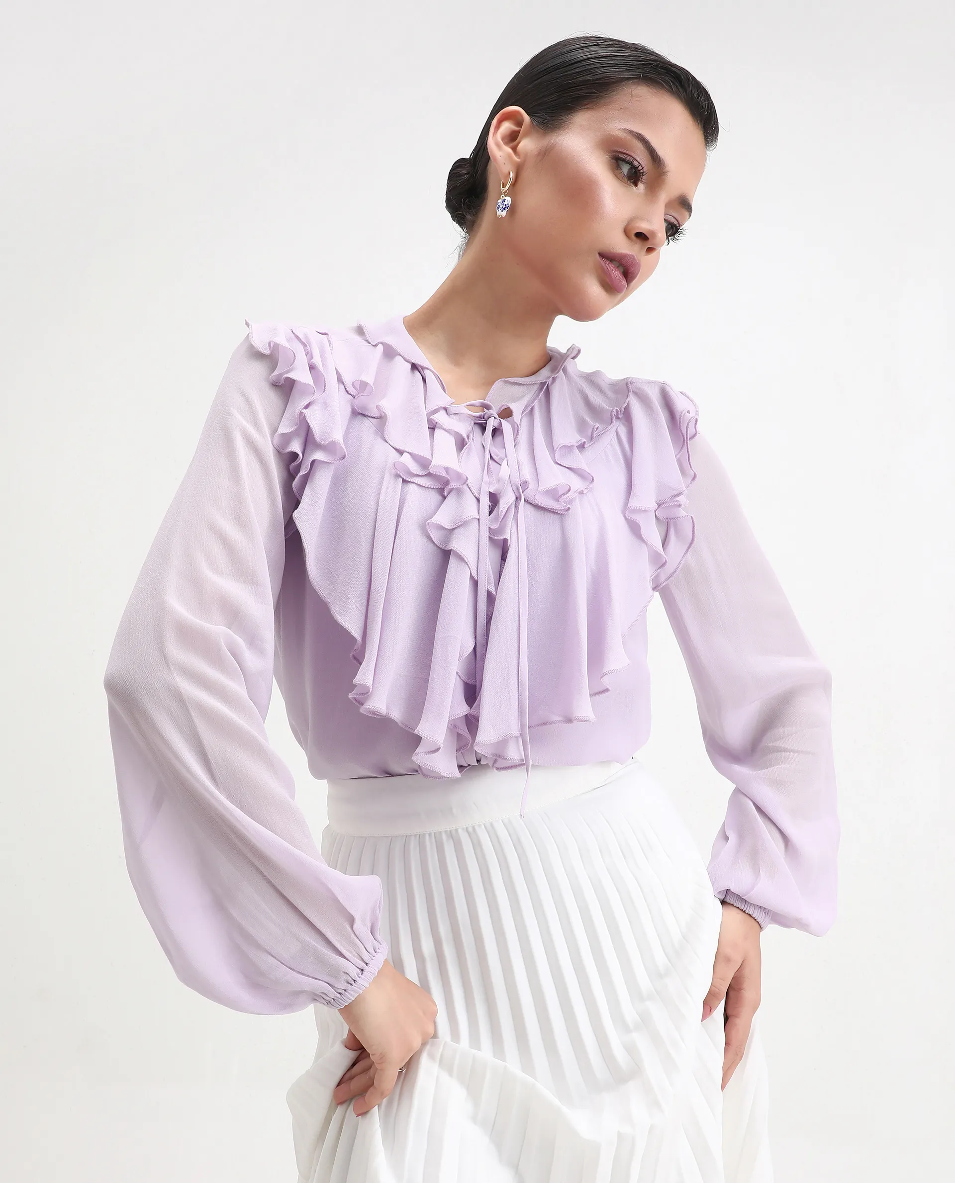 Rareism Women's Nubin Pastel Purple Polyester Bishop Sleeve Ruffled Neck Regular Fit Plain Top