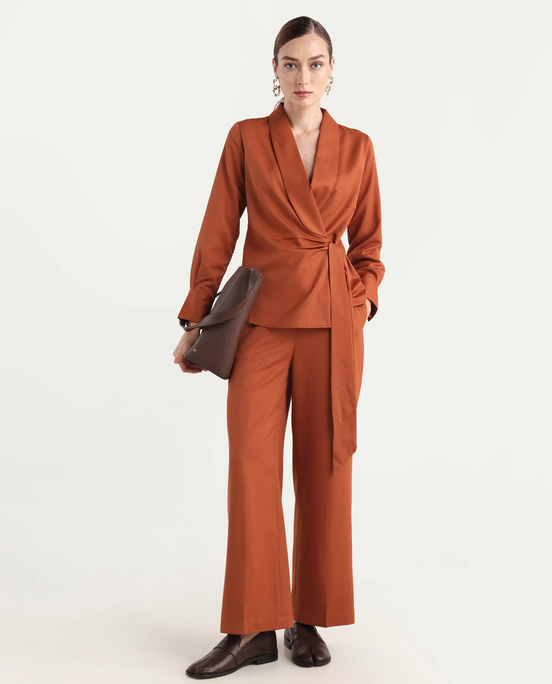Rareism Women's Nublin-B Rust Polyester Blend Wide Trouser