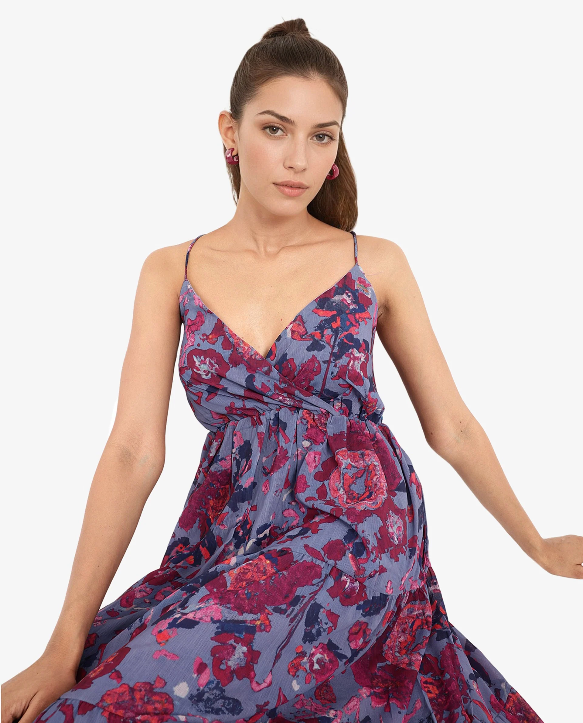 Rareism Women's Nuno Light Multi Polyester Shoulder Strap Floral Print Sleeveless Midi Fit And Flare Dress
